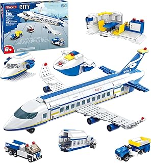 WINGIFT 491 Piece City Passenger Airplane Building Set, 6 IN1 Airplane Bricks Toy-Airbus, Creative Building Projects with Shuttle Bus, Baggage Truck, Top STEM Toy for Boy and Girl Ages 6 7 8+