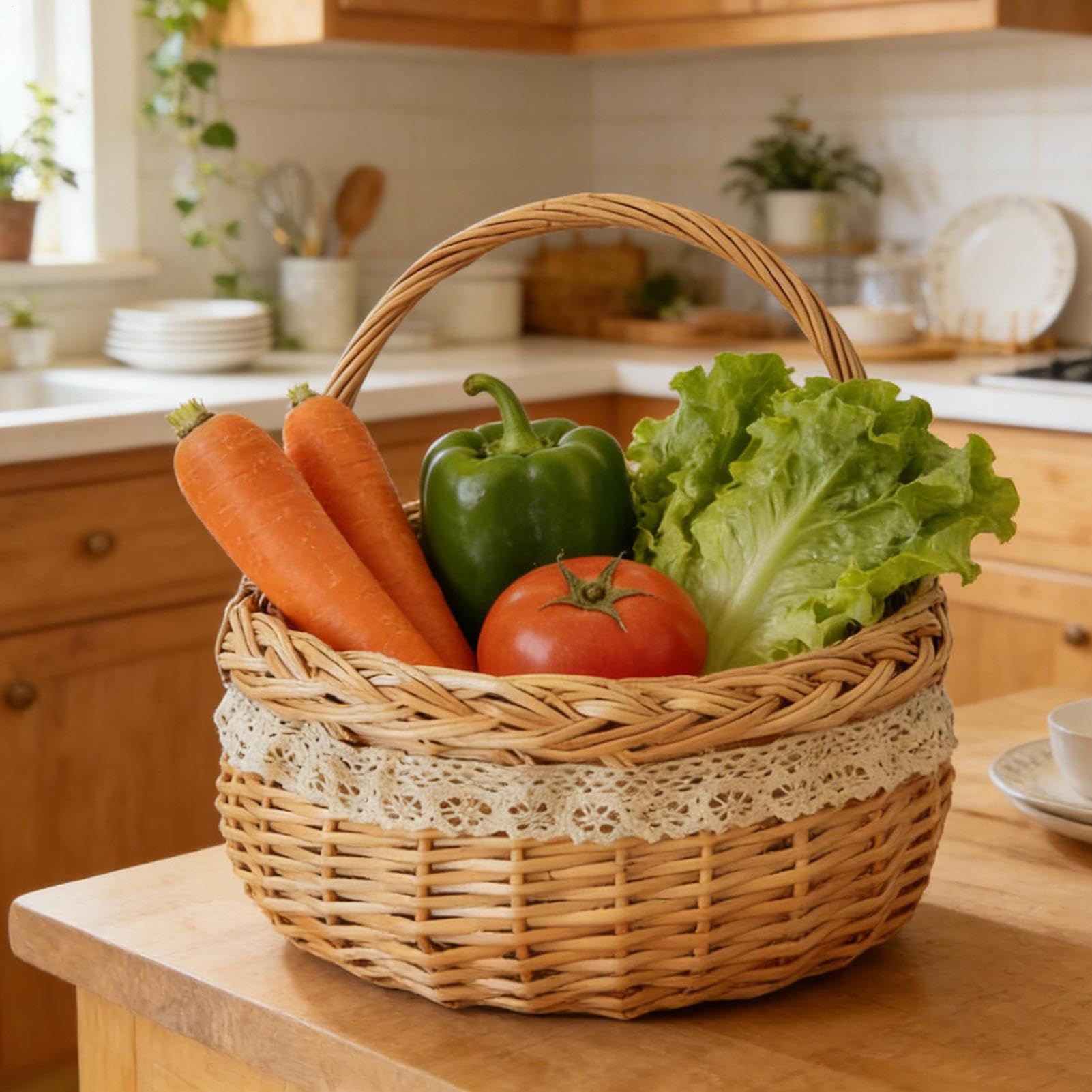 Panier de pique-nique en osier naturel tissé pour la maison – Petit panier de pique-nique, pour Pâques, extérieur, plage, cueillette de fruits, légumes, œufs, fleurs, cuisine, salon