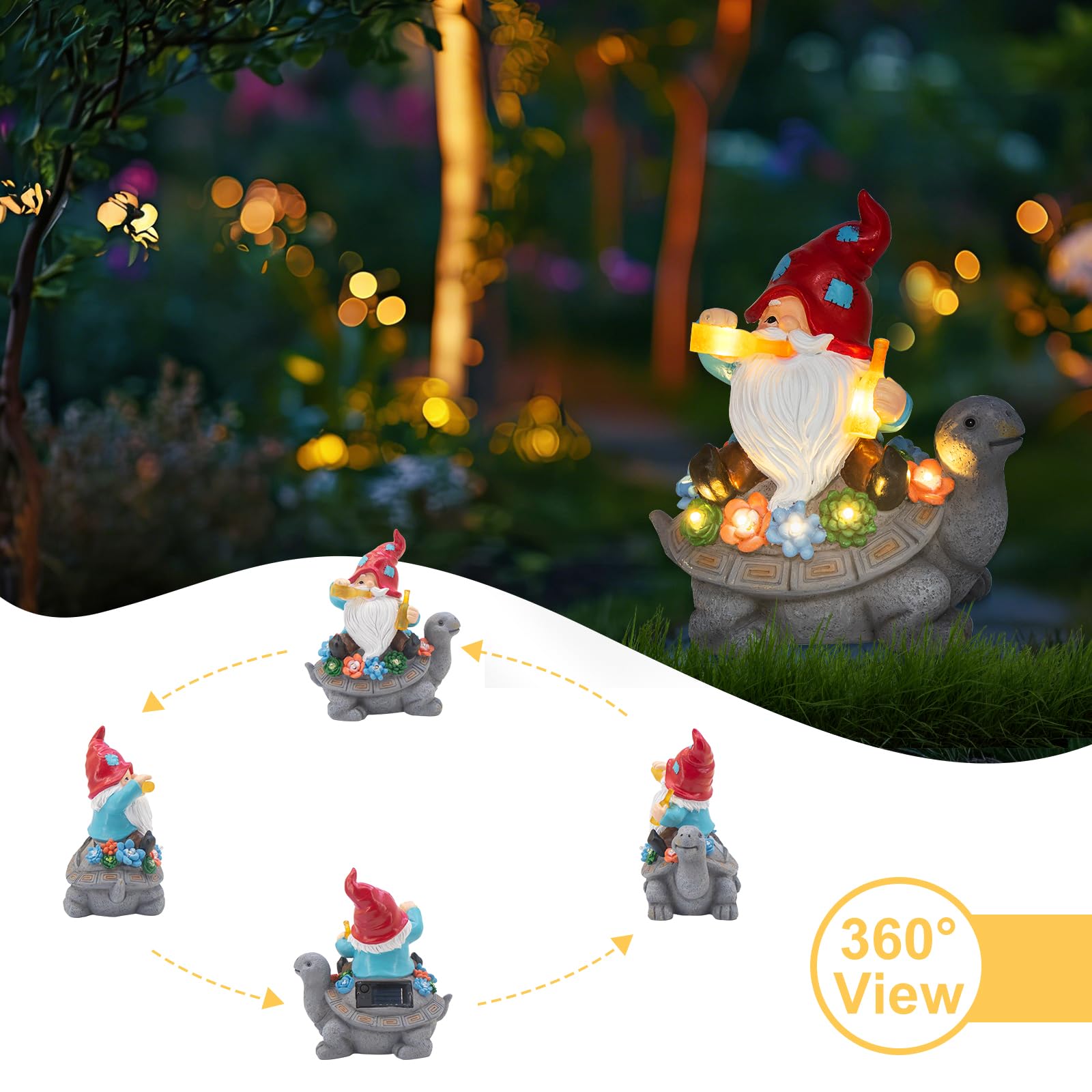 Gnome Garden Decor Statue with Solar Light Lantern, Turtle with Succulent Birthday Gifts for Women Mom Grandma, Funny Waterproof Resin Figurine Outdoor Decorations for Yard Patio Lawn Balcony Porch