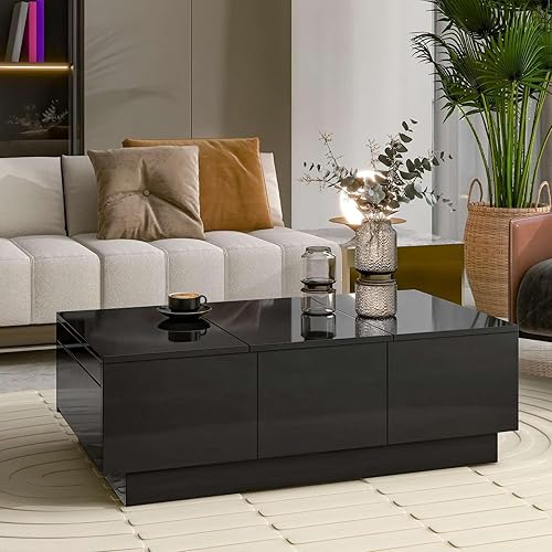 Miniatura 2 de Mesa de centro moderna de alto brillo con compartimentos de almacenamiento ocultos, mesa central extensible con parte superior deslizante