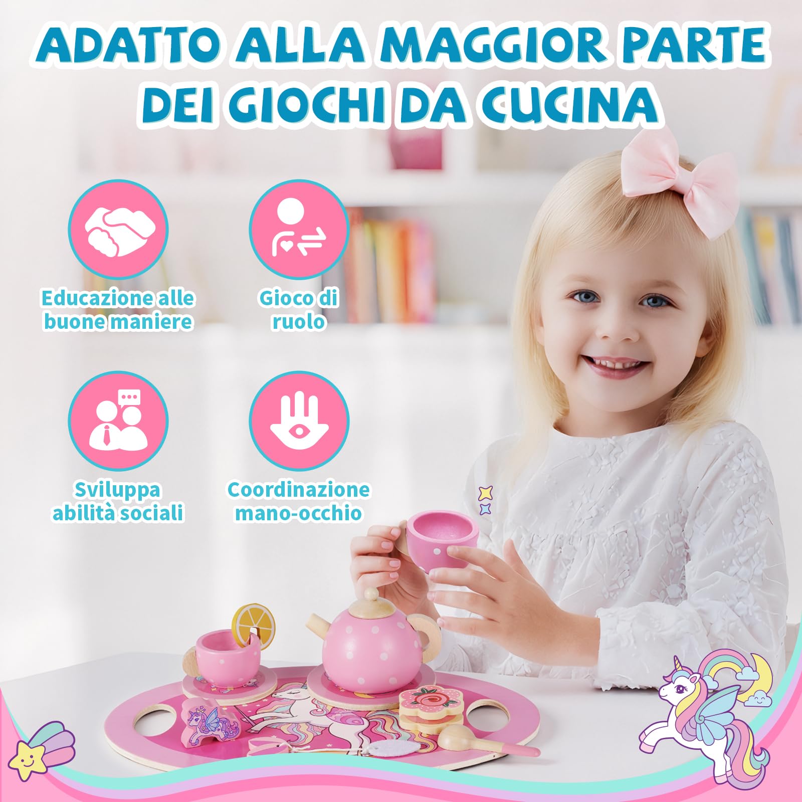 Unicorno Set da Tè Giochi in Legno, Accessori Cucina Bambini Legno, Gioco Ruolo Tea Party Montessori Educativo, Unicorno Bambina Regalo 2 3 4 5 6 Anni, Giocattoli Giochi Bambina Bimba 2 3 4 5 6 Anni