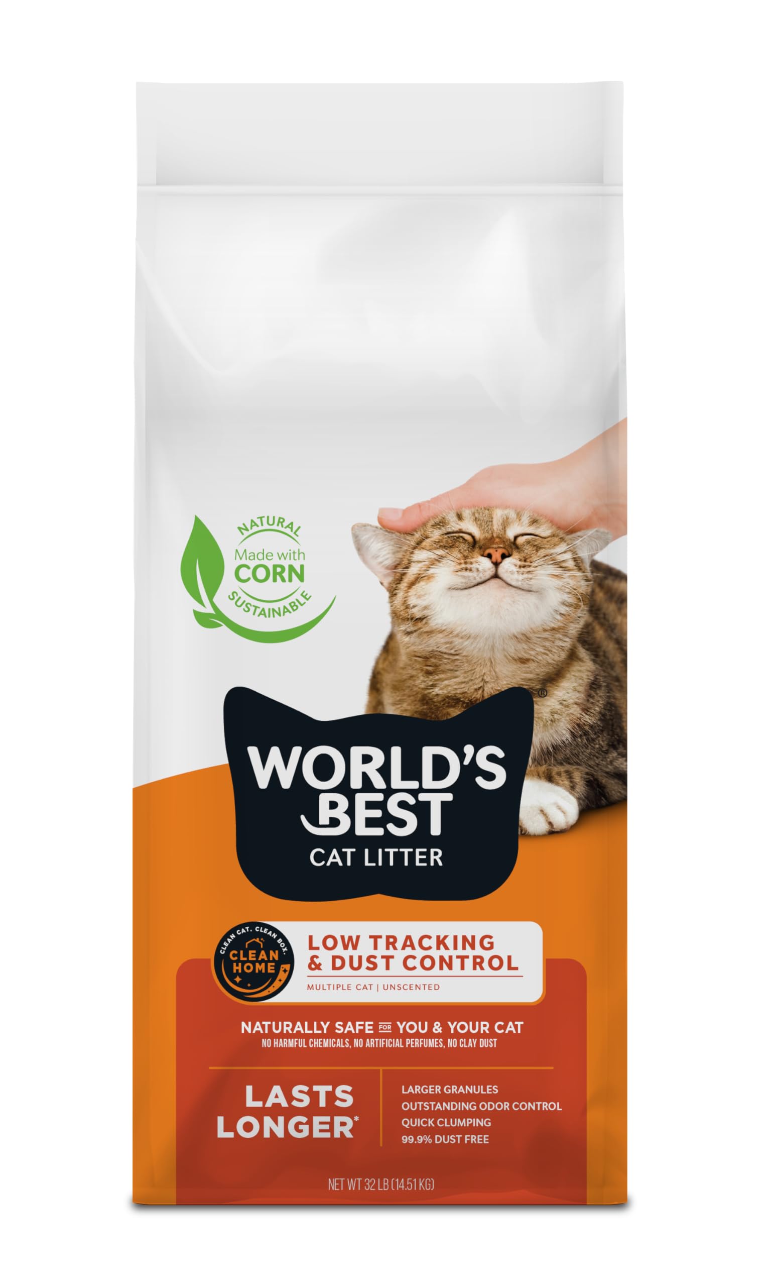 WORLD'S BEST CAT LITTER Low Tracking & Dust Control Multiple Cat Unscented 32-Pounds - Natural Ingredients, Quick Clumping, Flushable & Made in USA - Long-Lasting Odor Control & Easy Scooping