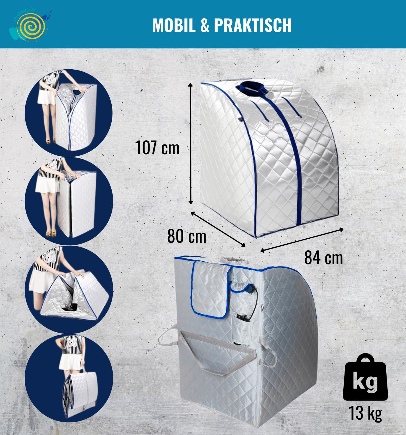 Mobile Infrarotsauna XL Deluxe 1000 W | Tragbare Sauna für 1 Person mit Campingstuhl | Faltbare Wellnesskabine für Zuhause | Kompakte Wärmekabine für Entspannung & Stressabbau