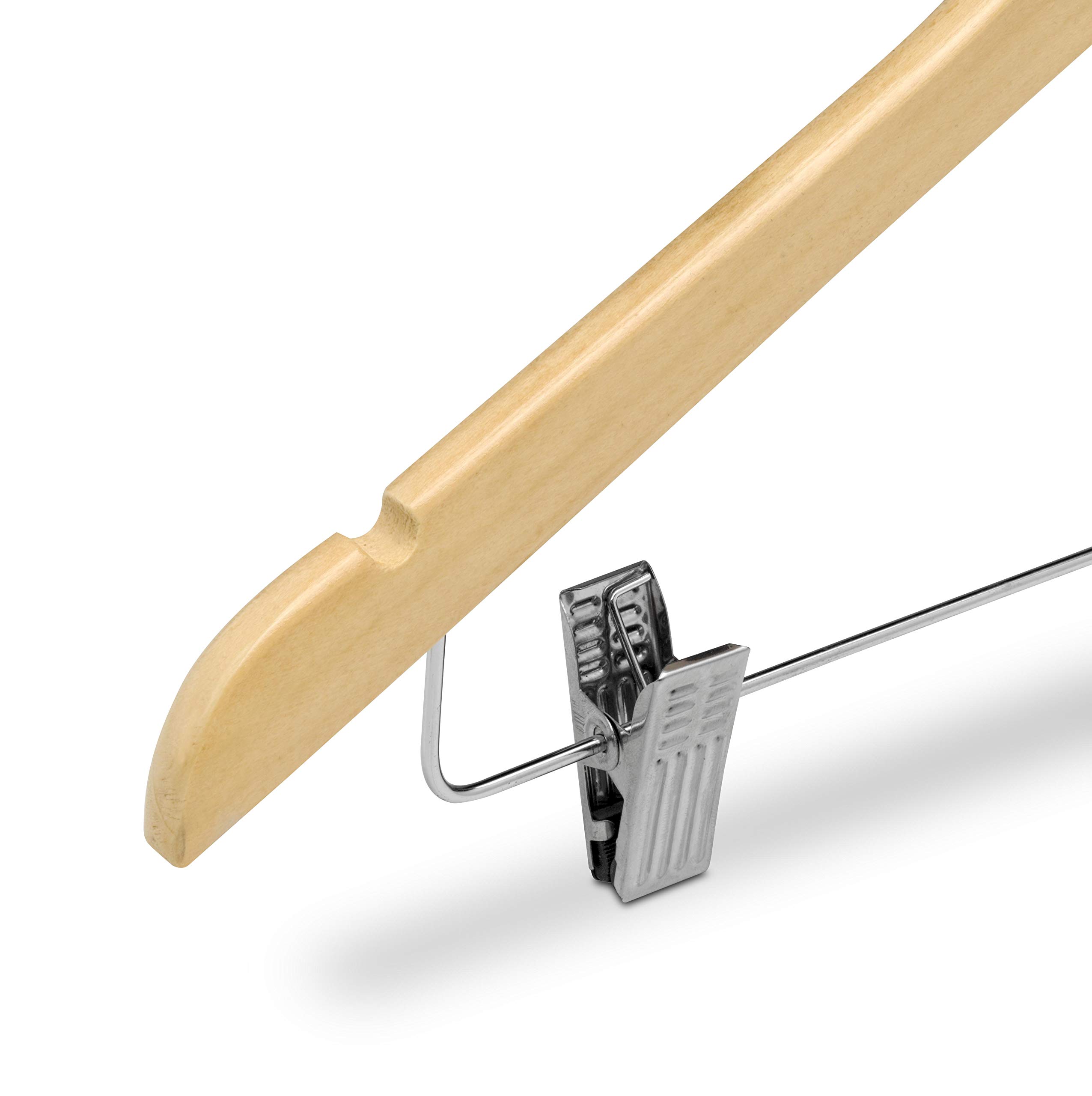 Percha con Pinzas (Pack de 24 Und de 45cm) - (Color Madera Natural) Ideal para Pantalones, con Muescas para Tirantes y Gancho de Acero.