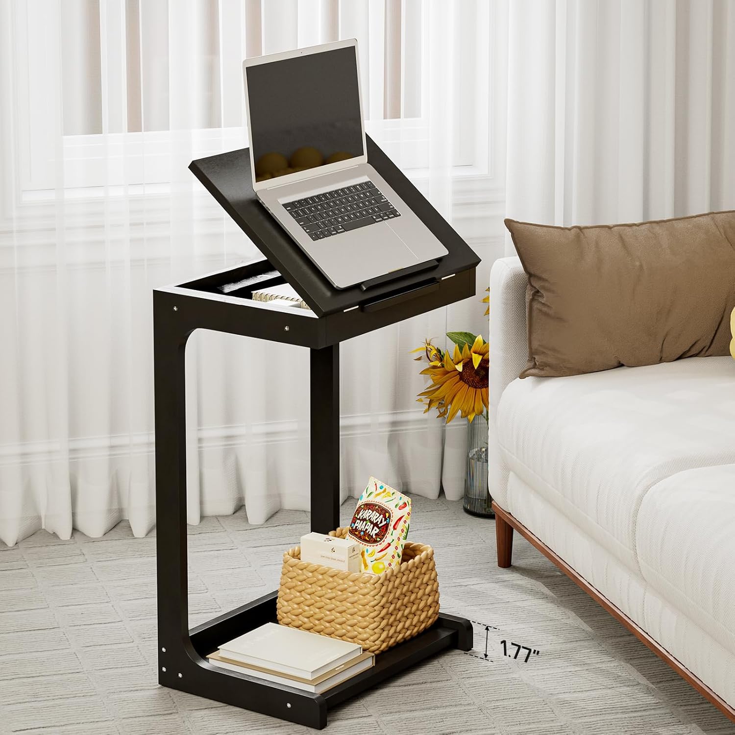 Side Table, Bamboo C Shaped End Table for Couch, Small End Table with Adjustable Desktop, Sofa Table, C Table End Table Perfect for Living Room & Bedroom Black