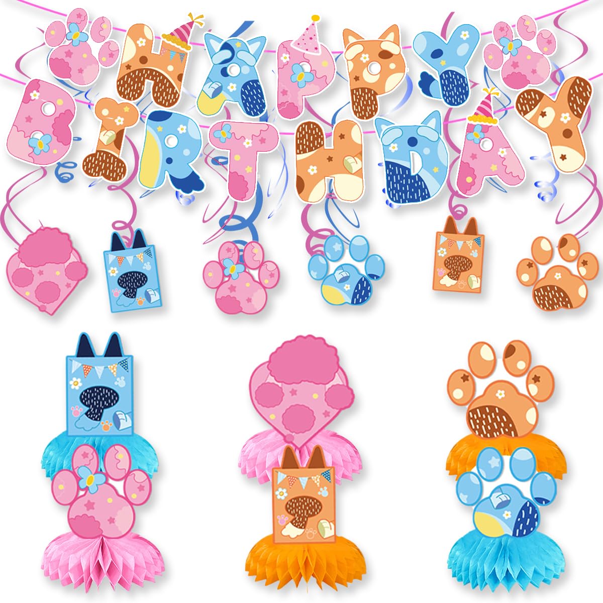 Blue Birthday Party Supplies, Blue Party Decorations - Banner -6 swirl-6 Honeycomb Centerpieces