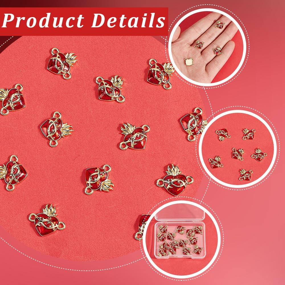 SUNNYCLUE 1 Box 16Pcs Heart Charms Red Heart Charm Real 16K Gold Plated Linking Connectors Gold Red Sweet Love Romantic Valentine's Day Pendants for Jewelry Making Necklaces Bracelets Women DIY Craft