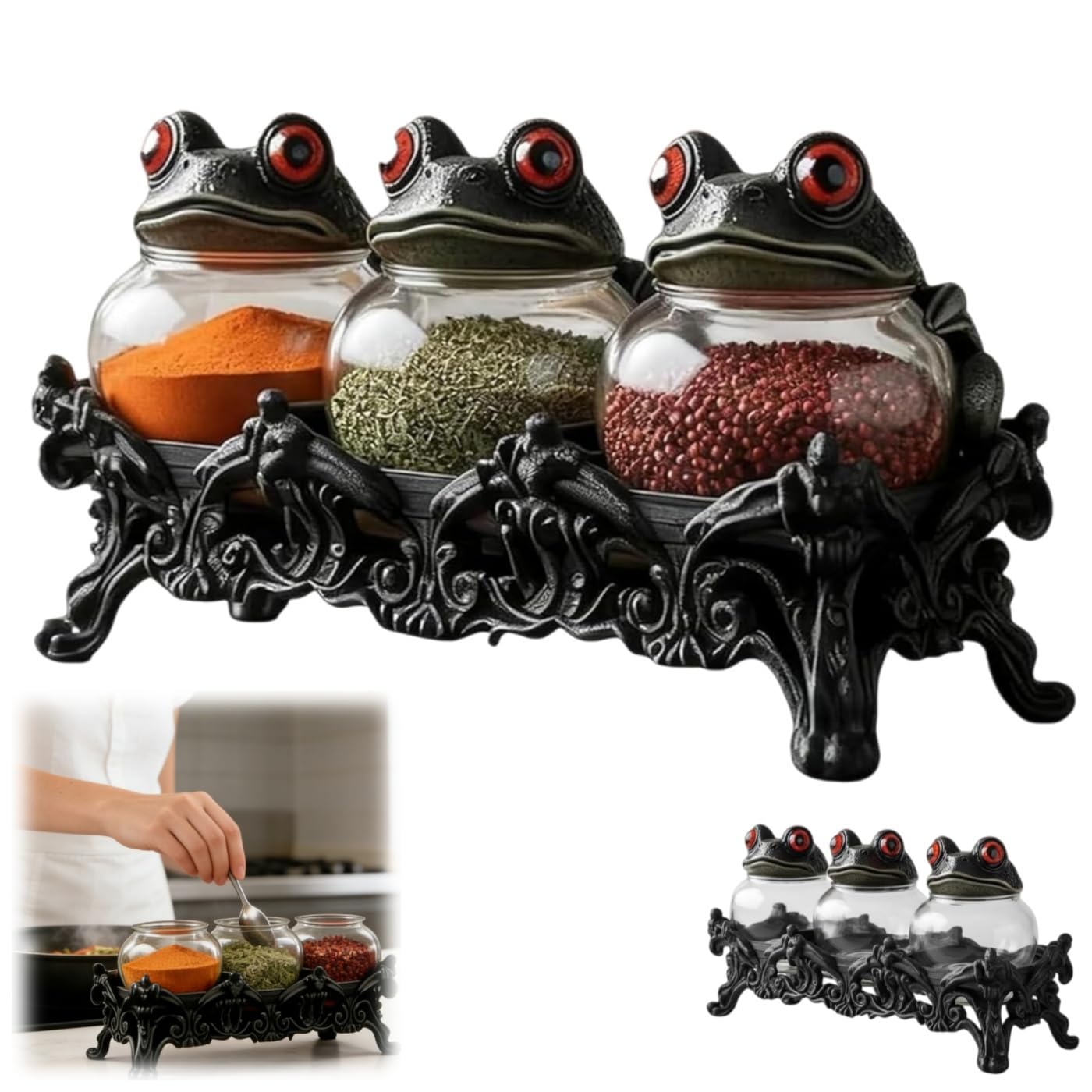 Witchy Frog Apothecary Spice Jars, Handcrafted Vintage Glass Storage Jars with Red-Eyed Frog Lids, Gothic Kitchen Herb Teas Food Storage Containers for Home Decor Fun Display (3-piece set)