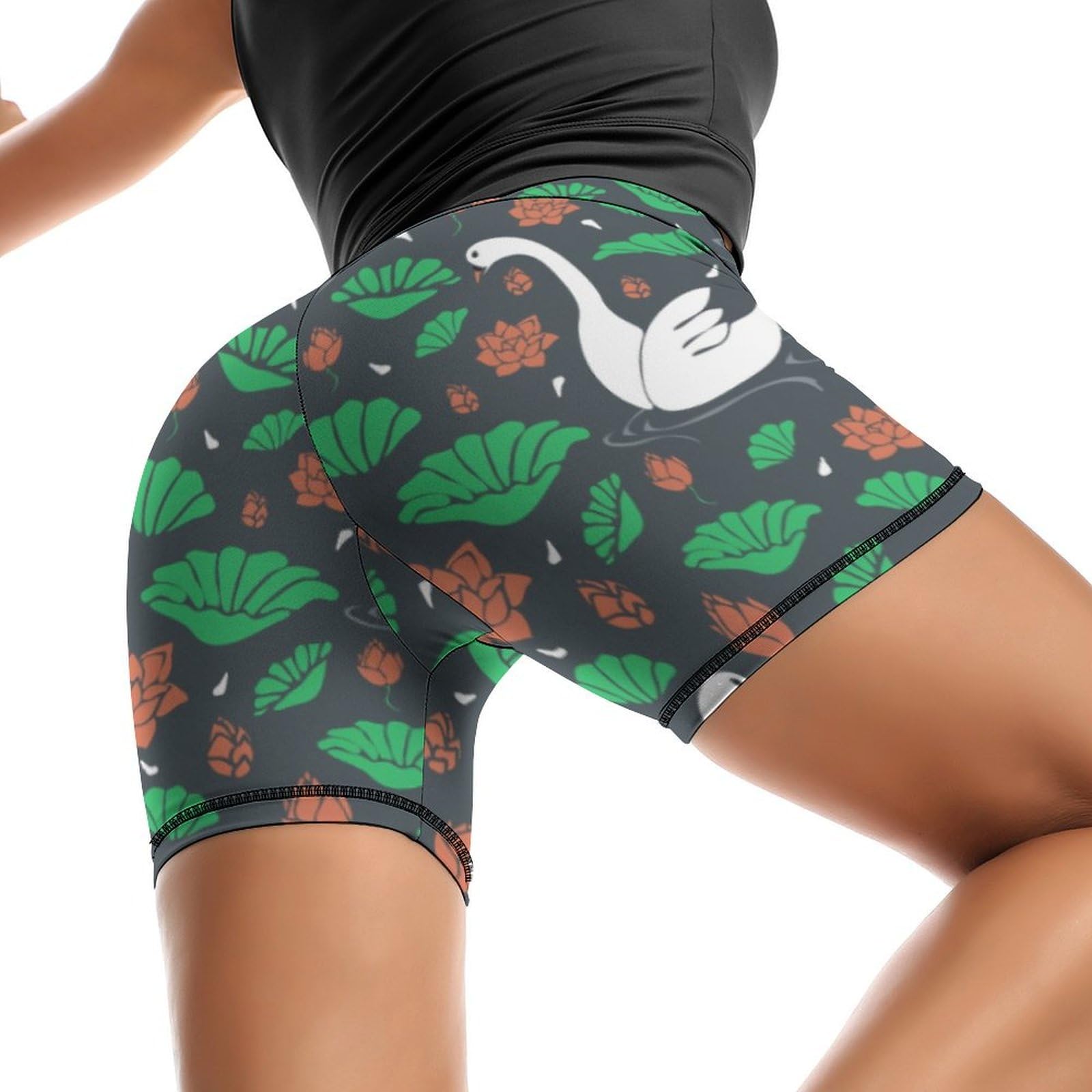 Goose and Lotus Pattern High Waist Yoga Shorts for Women Athletic Shorts Leggings Running Pants Black