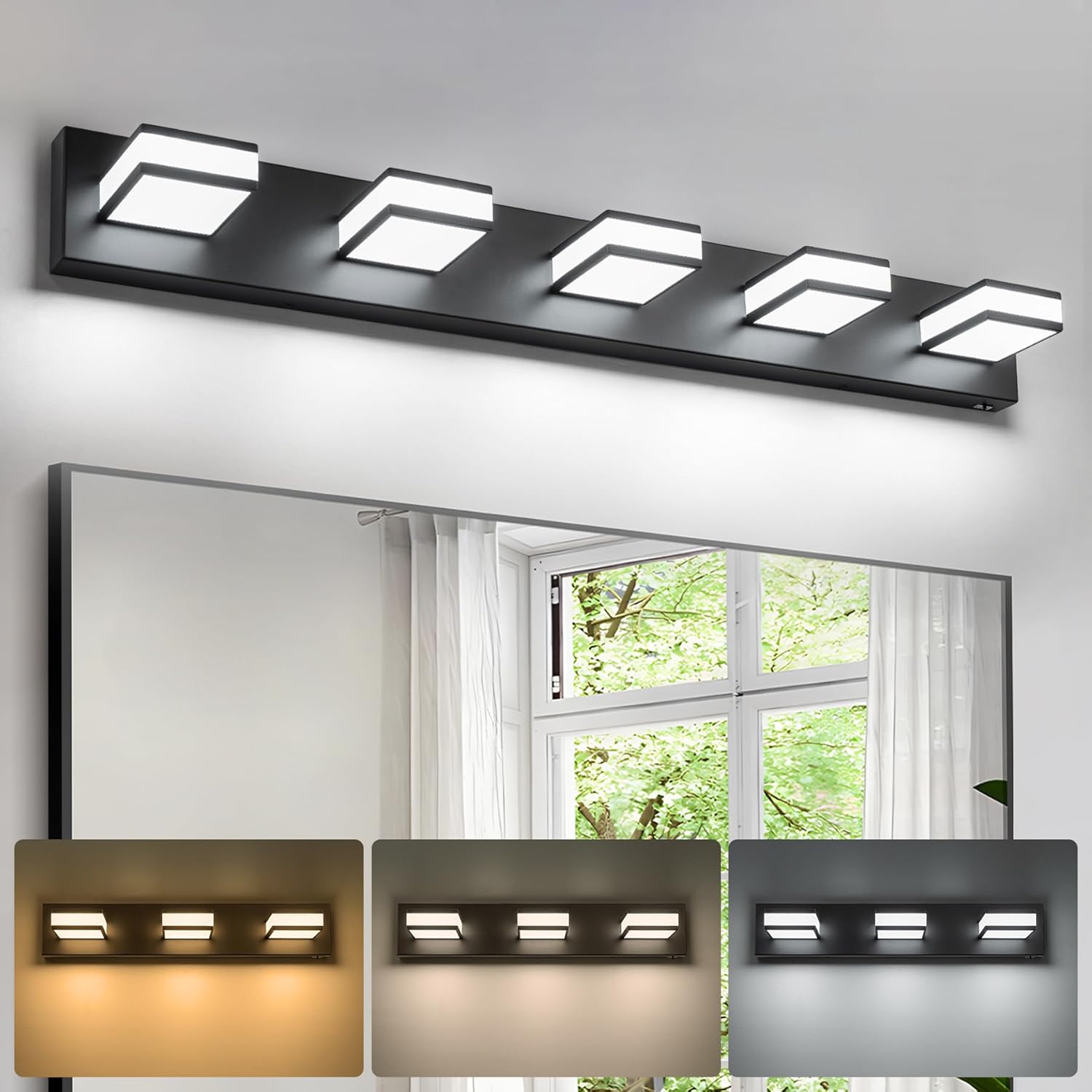 Modern LED 5 Light Bathroom Vanity Lights Over Mirror, 40W Dimmable 3CCT Acrylic Black Bathroom Wall Lighting Fixtures with 350° Rotatable Angle, 40 Inch Black 5-Light