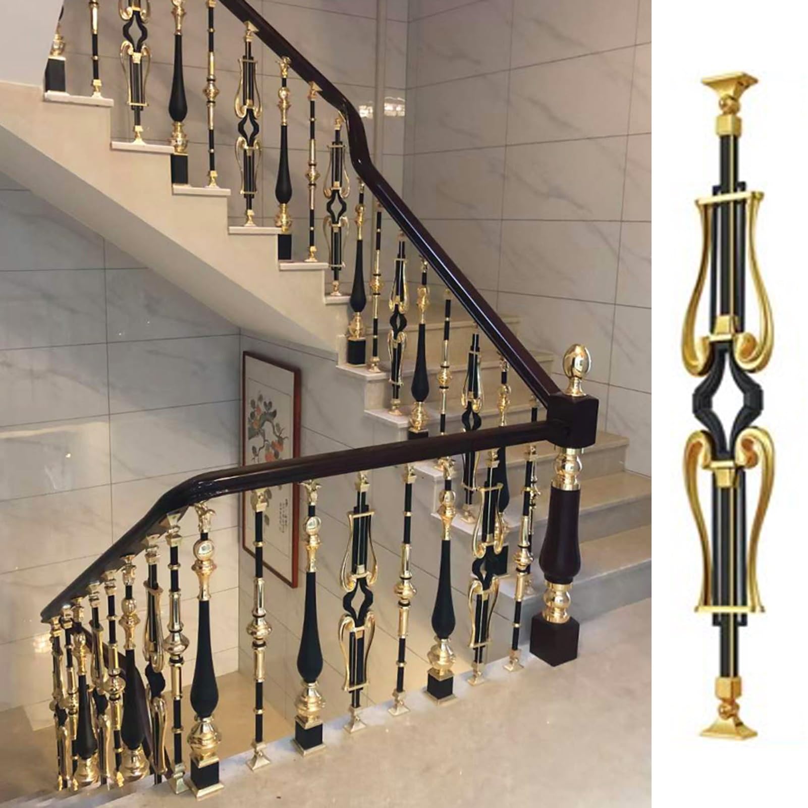 Poteaux de balustres en alliage d'aluminium noir et or pour escalier d'intérieur