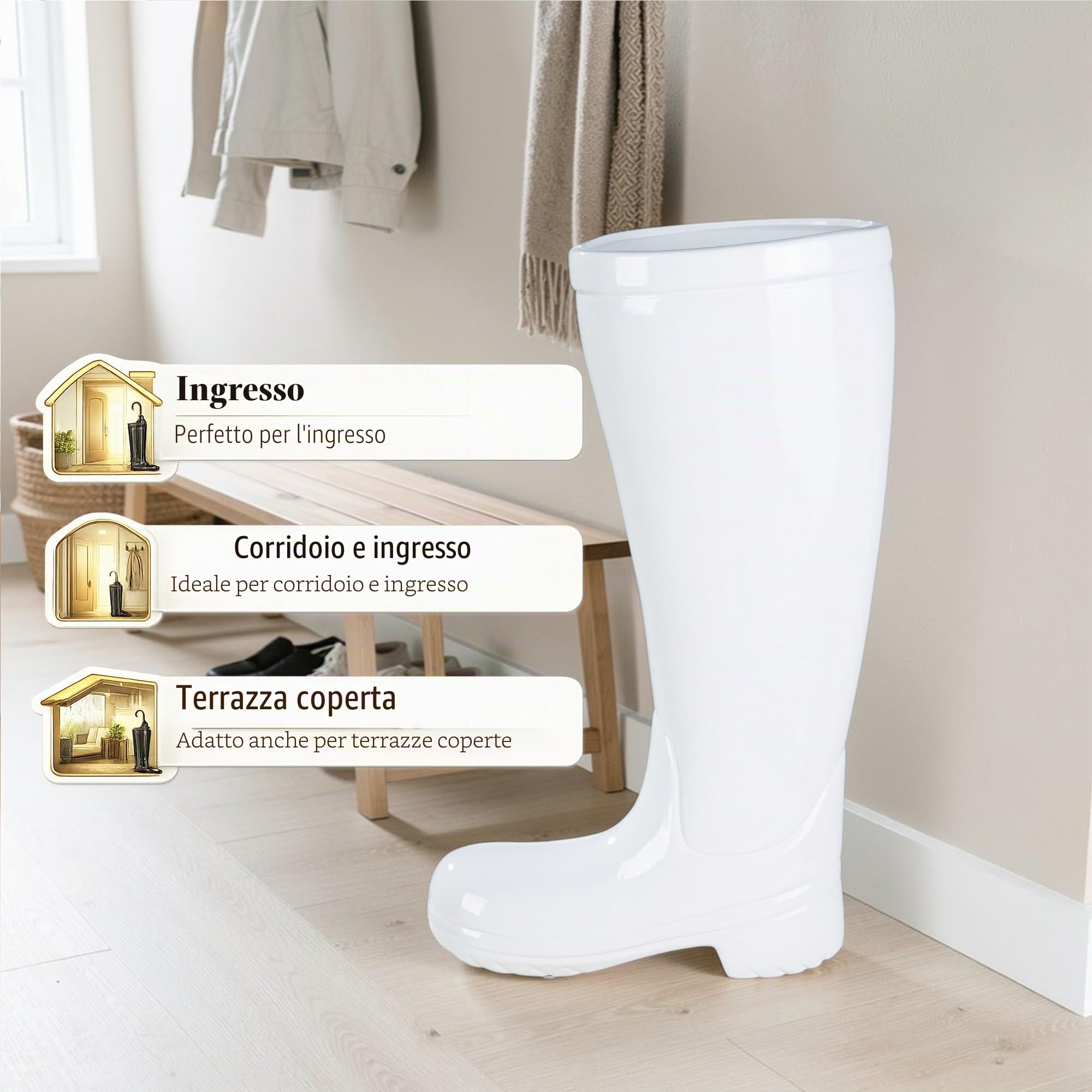 Casablanca - Portaombrelli in ceramica con vaschetta raccogli-acqua, colore: bianco, altezza 45 cm