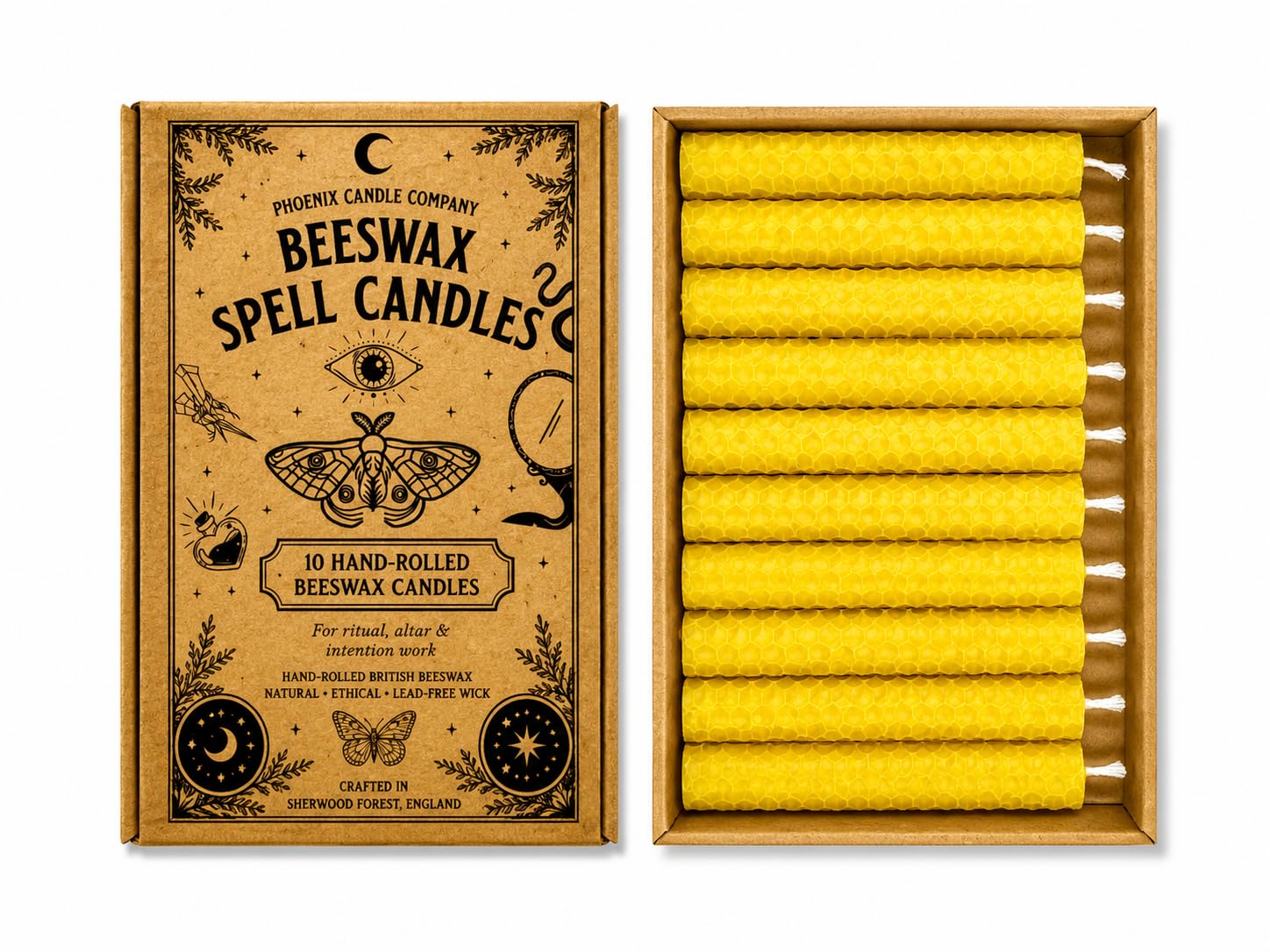 10 Hand Rolled Beeswax Spell Candles 10cm x 2cm | Natural Ritual Candles | Colour Choice | Wicca, Pagan, Meditation, Altar, Witchcraft | Phoenix Candle Company (Yellow)