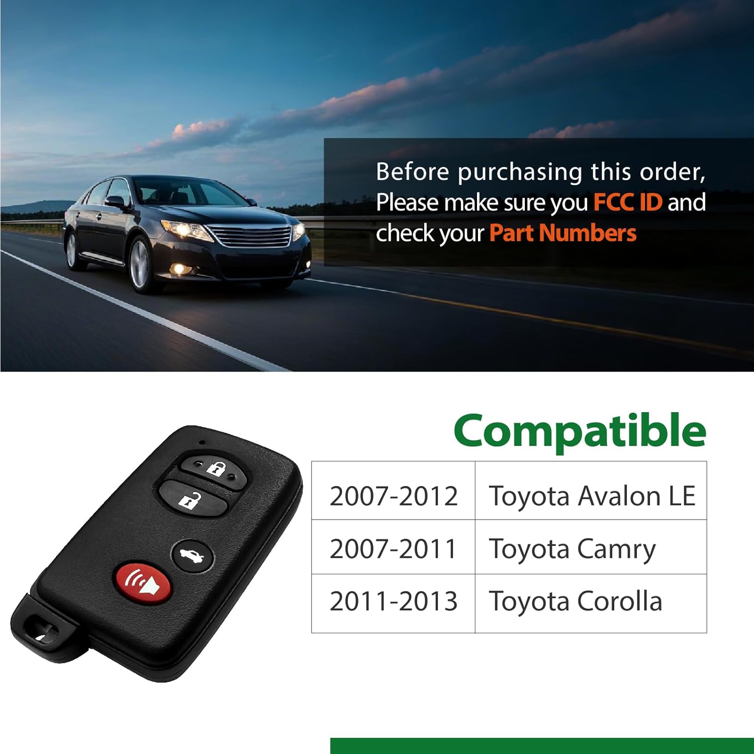 Replacement for 2007 2008 2009 2010 2011 2012 2013 Smart Proximity Toyota Avalon LE Camry Corolla GNE 271451-3370 Board Key Fob HYQ14AAB 315MHz 4 Buttons