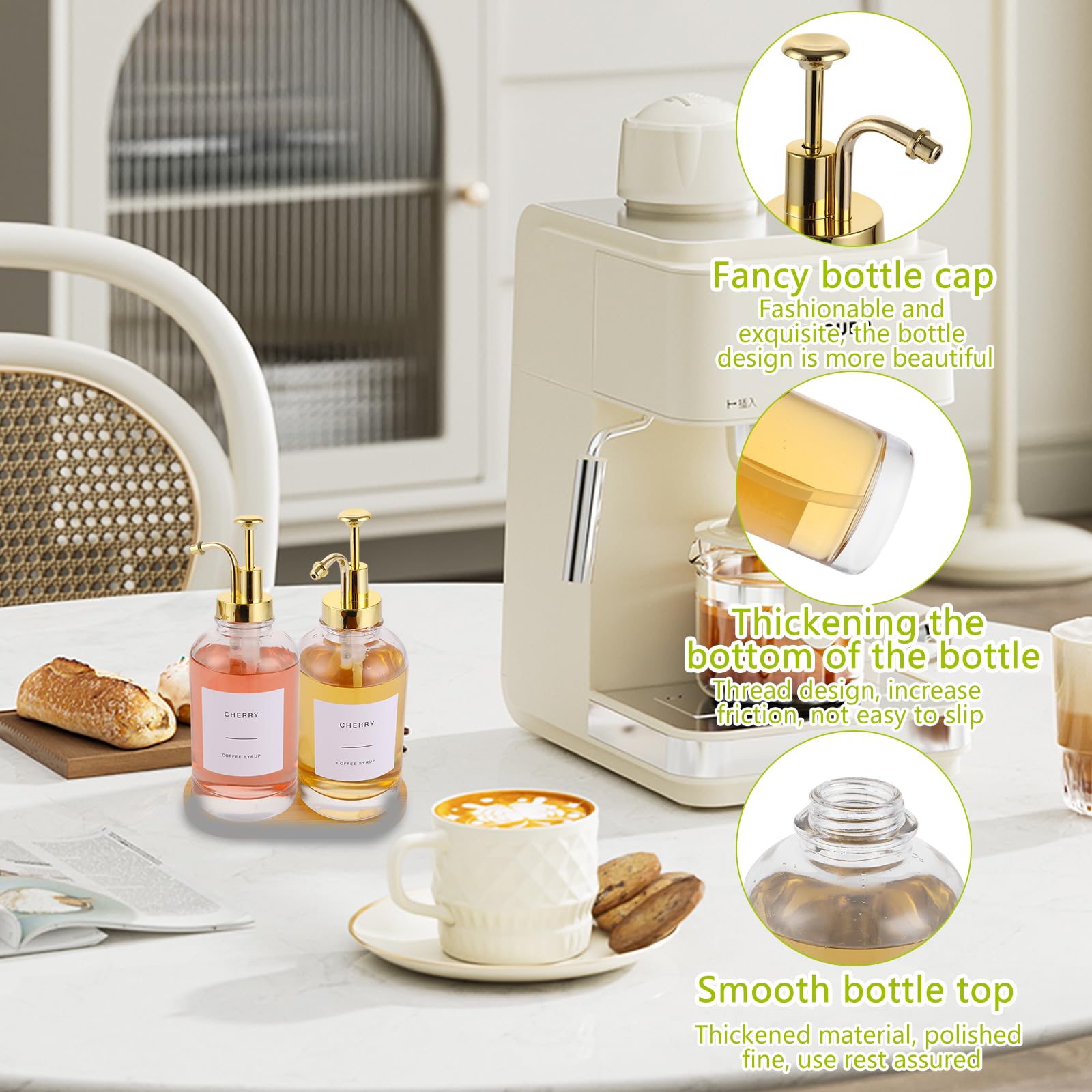 DAJAVE Lot de 2 distributeurs de sirop de café de 500 ml avec étiquettes et entonnoir, distributeur de sirop de café, bouteilles en verre pour organiser l'huile, le vinaigre, le savon, les liquides