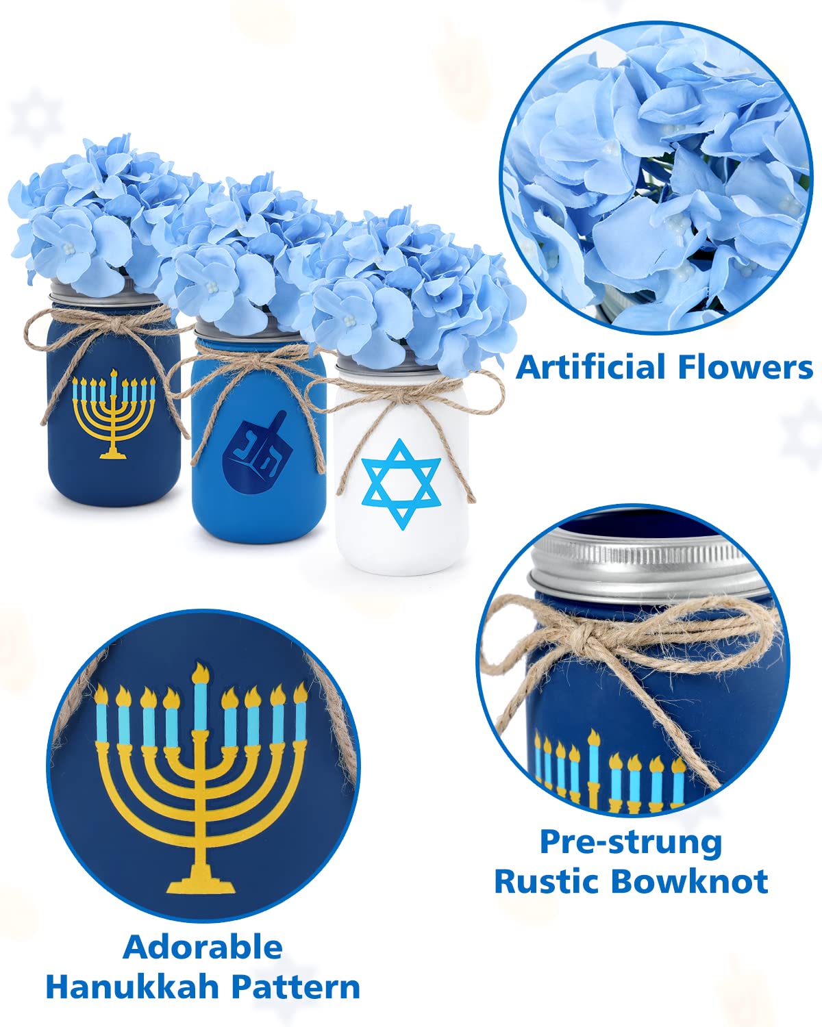 Nefelibata Hanukkah Mason Jar Arreglo Floral Centro De Mesa Hanukkah Decoración Del Hogar Hanukkah Bandeja Escalonada Decoración Con Plantas Sintéticas, Flores Azules Artificiales, Juego De 3