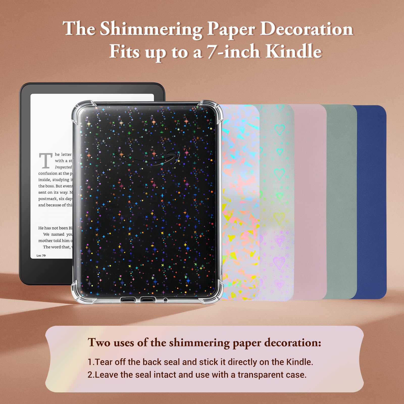 iDLEHANDS Transparente Schutzhülle für 17,8 cm E-Reader – mit 50 Stück Scrapbook-Aufklebern, 6 Einlagen aus Karton, 1 Charm, nicht kompatibel mit Kobo Clara
