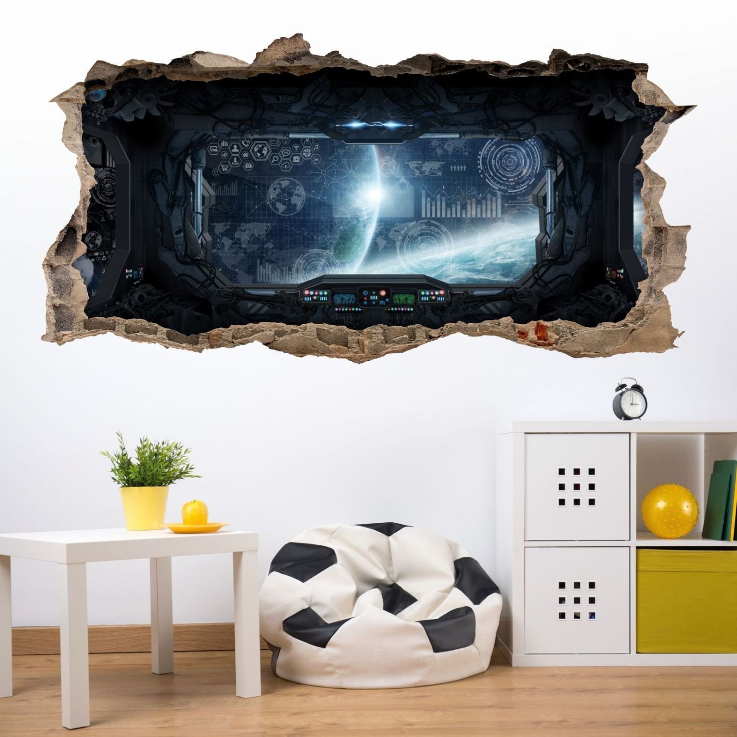 nikima 058 - Adesivo da parete con nave spaziale – Foro nella parete – cameretta dei bambini adolescenti stazione spaziale – in 6 misure – Adesivo da parete per cameretta bambini dimensioni 1750 x