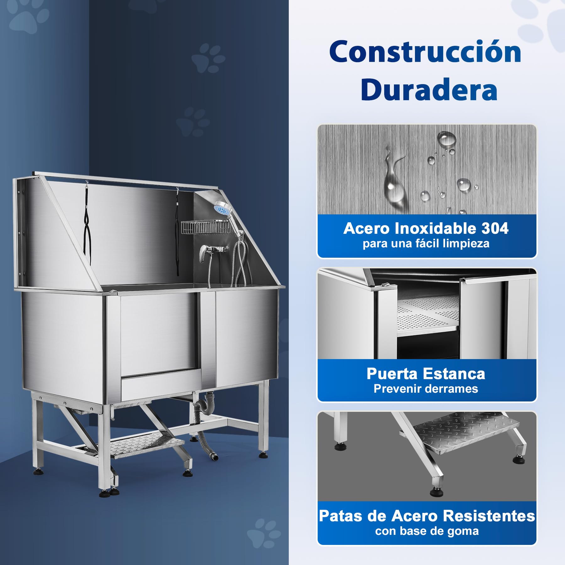 CO-Z Bañera de Aseo Profesional para Perros 127cm de Ancho Bañera de Acero Inoxidable para Mascotas Capcidad 115kg Bañera para Perros con Escaleras, Puerta Corrediza, Grifo,Correa
