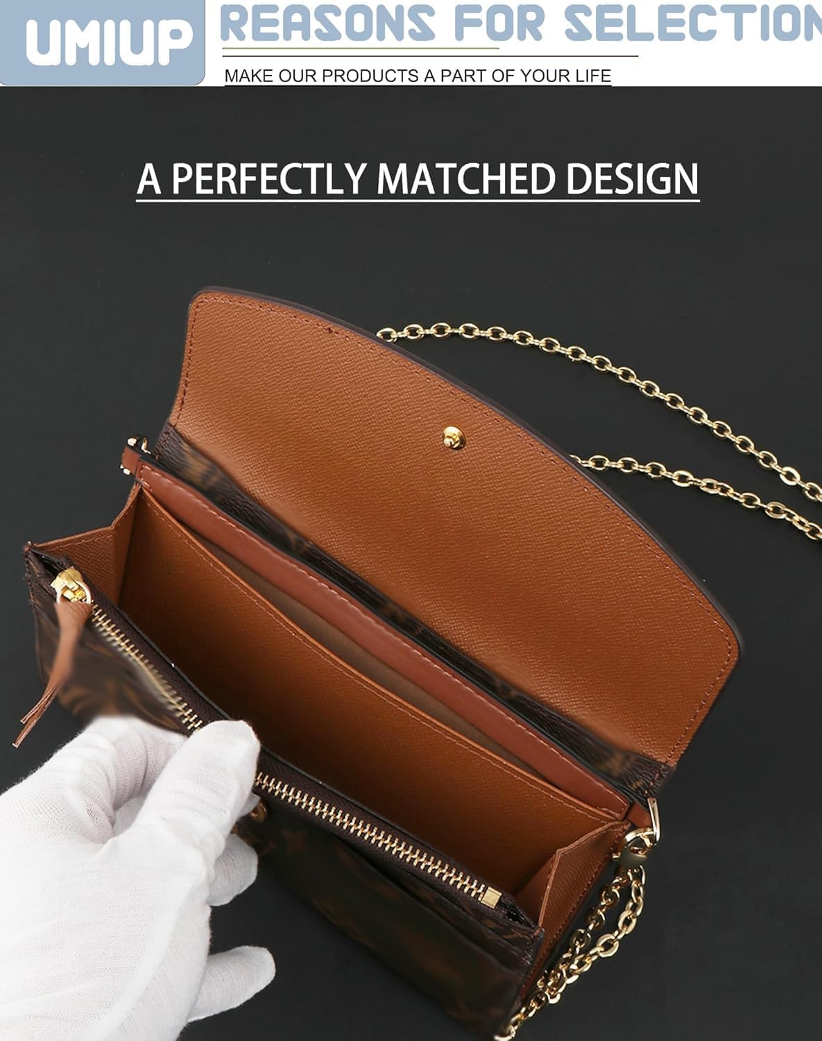 Leather Wallet Insert for Emilie Wallet Chain Strap with D Rings, Purse Insert Organizer Conversion Kit for Women LV Sarah, Convert Classic Long Flap Wallets Into Crossbody Bag (Brown)