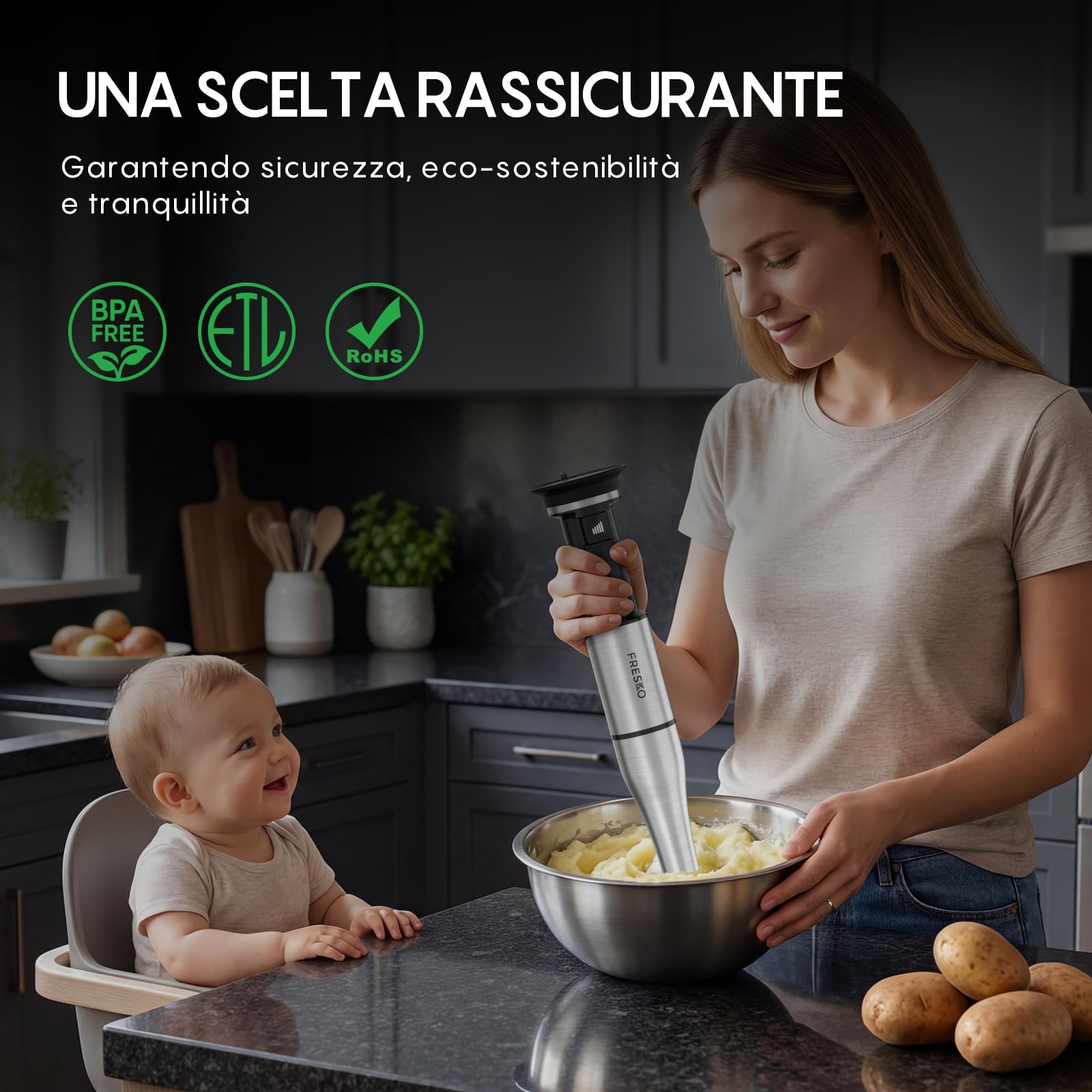 FRESKO Frullatore a Immersione 1000W, Velocità Regolabile, Frullatore in Acciaio Inox con Protezione per Pentole, 4 Accessori, Frullatore Manuale per Alimenti per Bambini, Zuppe, Smoothies
