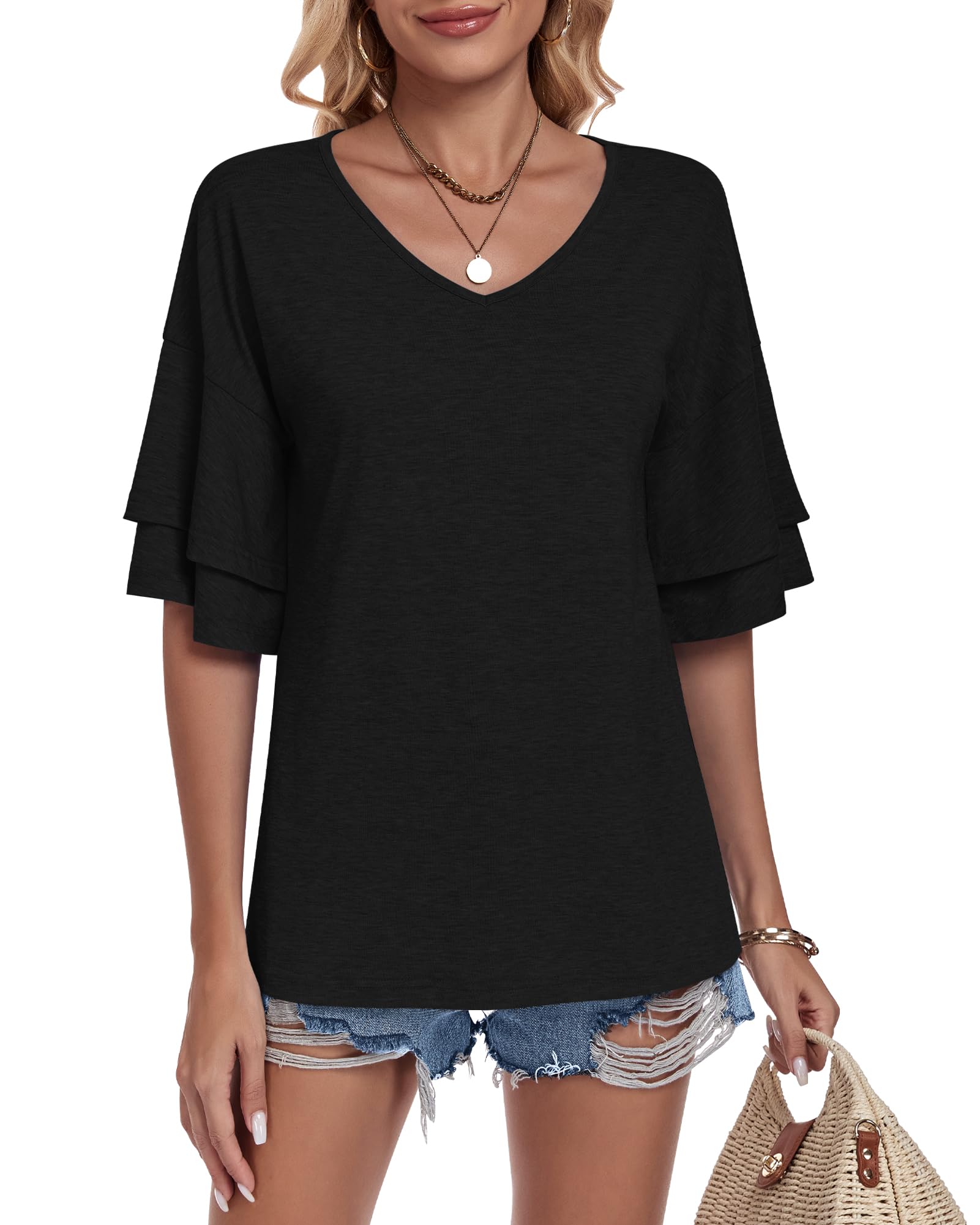 WNEEDU Tee Shirt Femme Col V Manches à Volants Blouses Femme Manches Courtes Été Haut Élégant Décontracté Ample Tunique Top