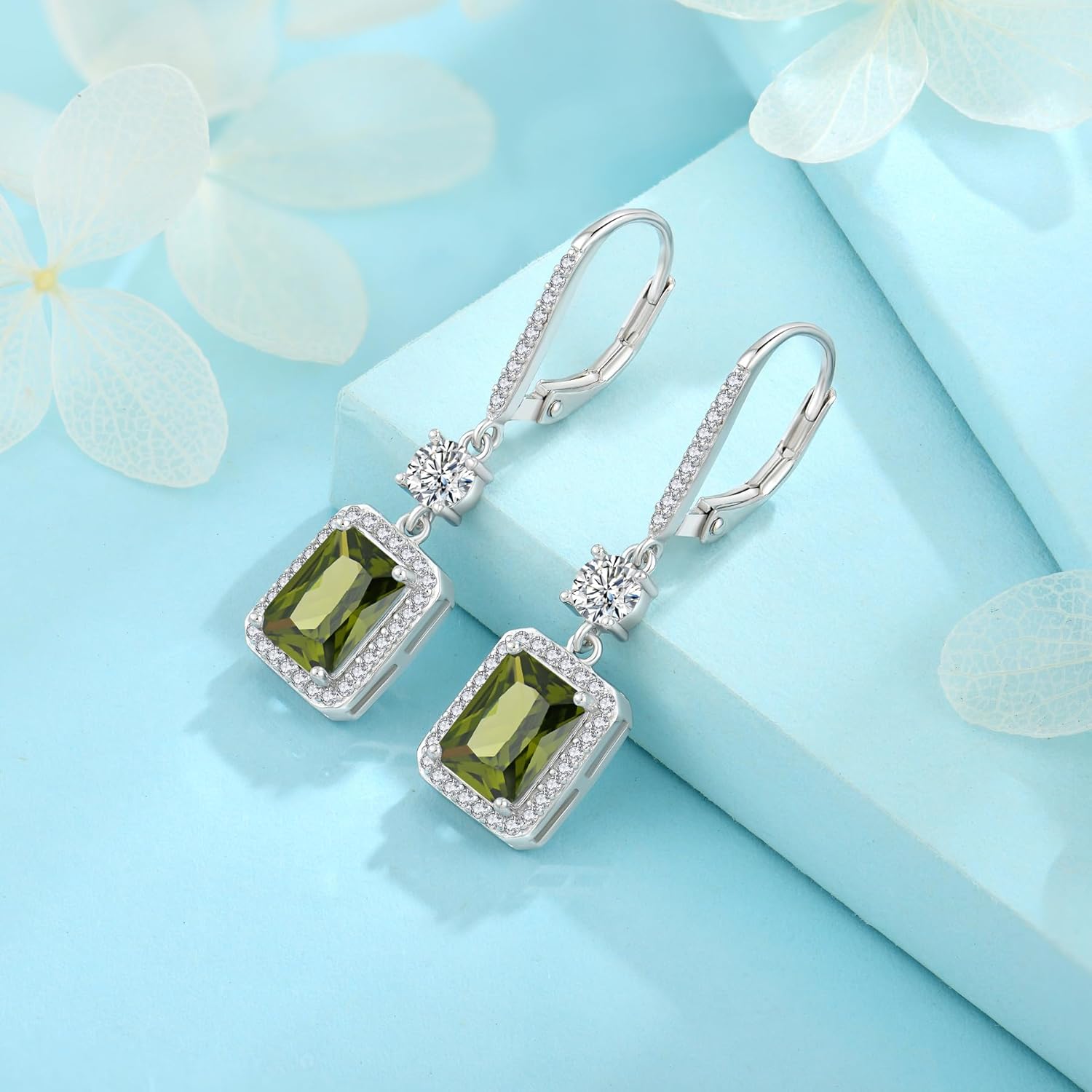 FJ Princess Cut Dangle Drop Earrings 925 Sterling Silver Square Halo Leverback Earrings Birthstone Jewelry for Women - Image 5