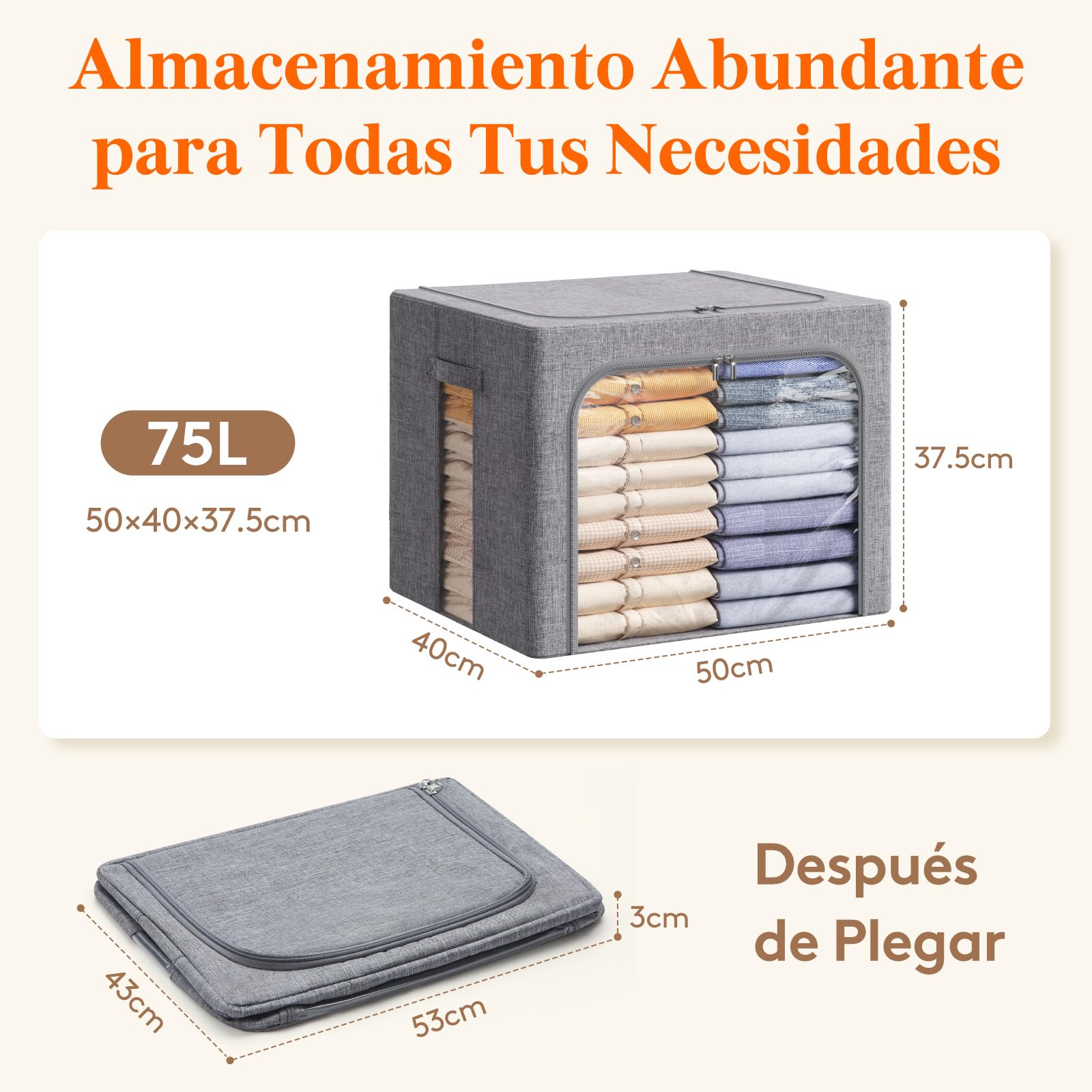 Lifewit Cajas Almacenaje Ropa con Marco de Metal, Organizador Armario Apilable, Bolsas Almacenaje Ropa, Bolsas Para Guardar Ropa, Edredones, Colchas, Gris Claro, 75 L, 4 Piezas