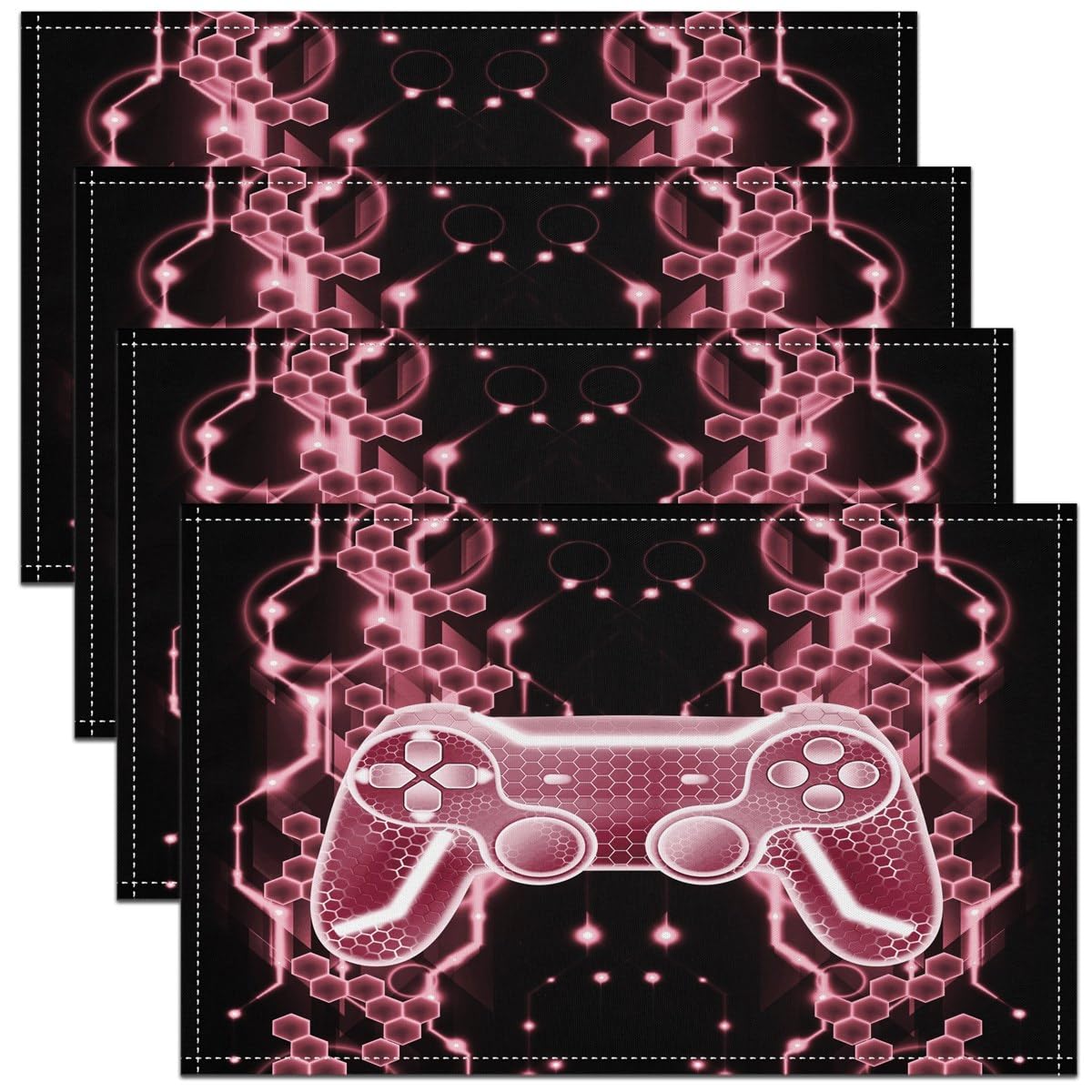 Kids Gamer Table Place Mats Game Controller Placemat for Kitchen Dining Table 45X30cm Honeycomb Gaming Gifts Washable Fabric Table Mats Placemat Gamepad Pattern Pink and Black Table Mats