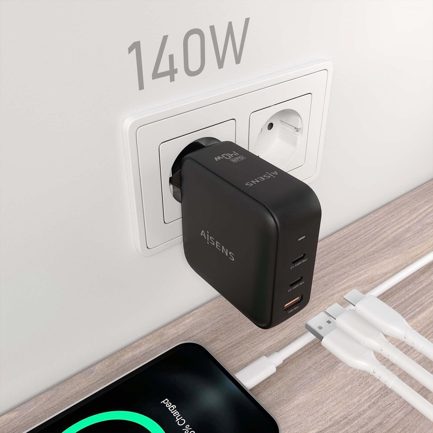 AISENS - ASCH-140W3P031-BK - Cargador GAN 140W, 2XUSB-C PD3.1 QC4.0, 1XUSB-A QC3.0, Negro