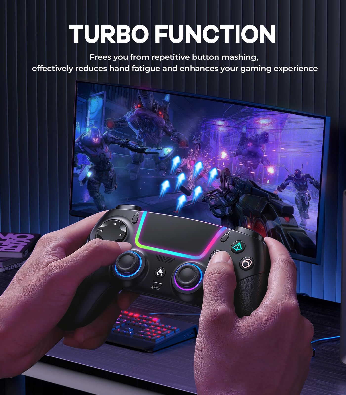 SZPACMATE Manette sans fil pour PS4/PS3/Switch/PC/iOS/Android/Steam Deck, avec 8 éclairage RGB/Joystick Effect Hall/Batterie 1000 mAh/Turbo/Double Vibration/Programmable/Poignées Antidérapantes