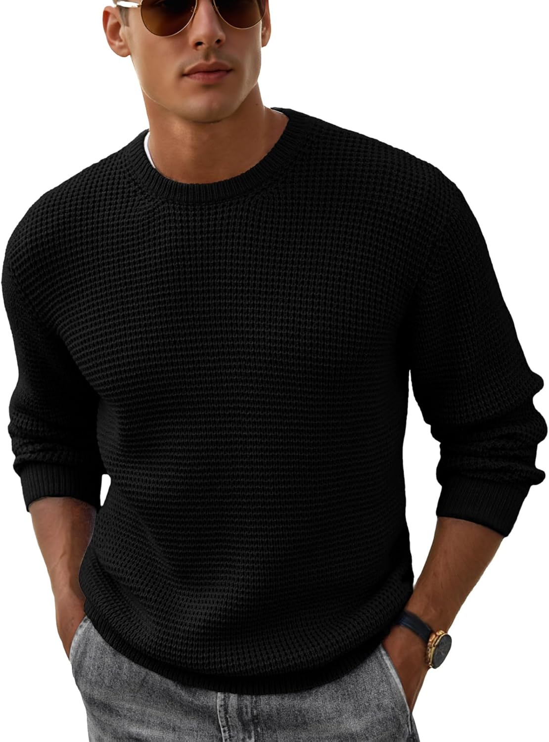 Askdeer Men's Pullover Sweater Waffle Textured Long Sleeve Knit Crewneck Casual Sweater