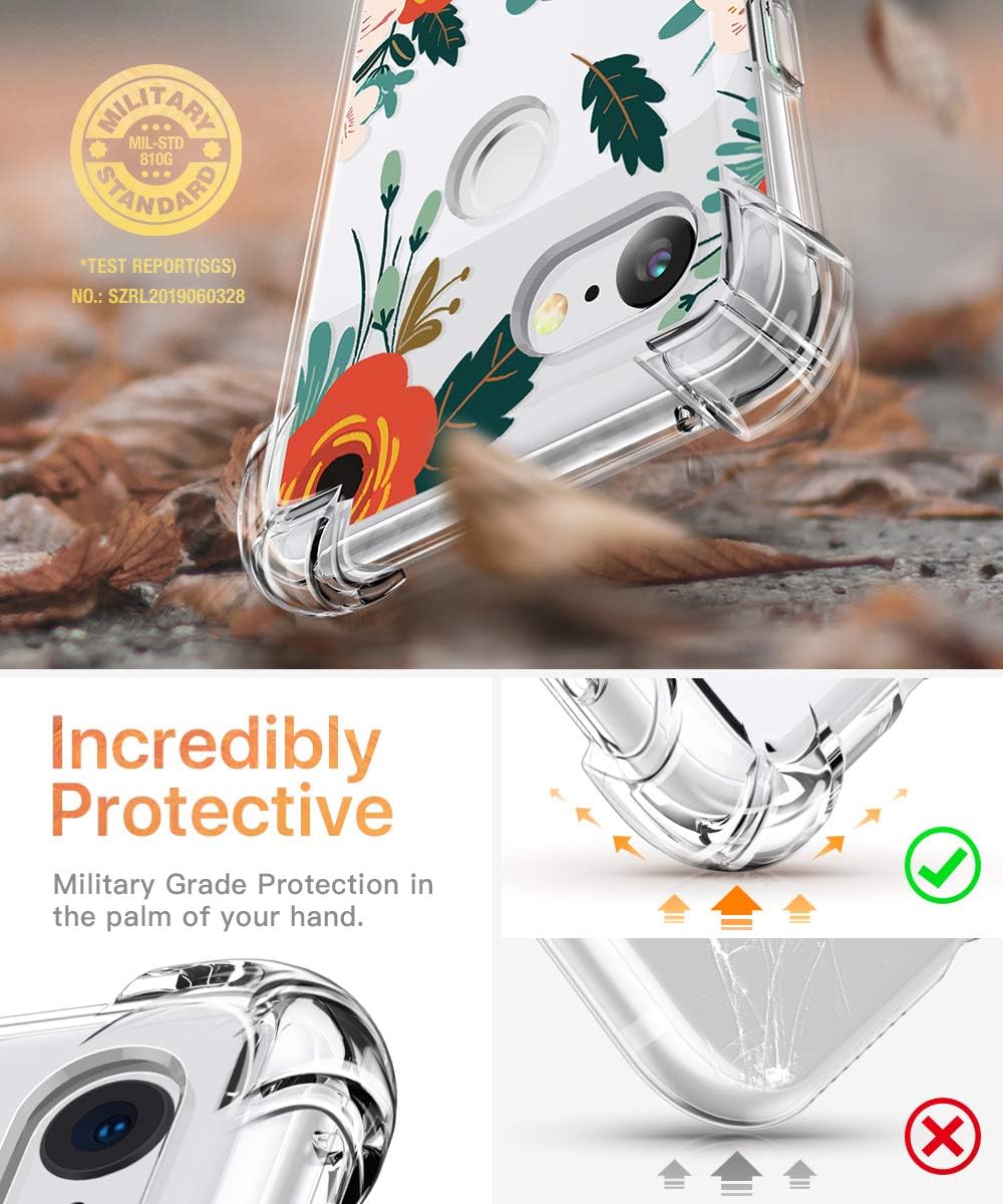 GVIEWIN Designed for Google Pixel 3 Case, Clear Flower Pattern Design Soft & Flexible TPU Slim Fit Shockproof Transparent Floral Cover Case (Will Not fit Pixel 3 XL) (Flowering/Reseda Green)