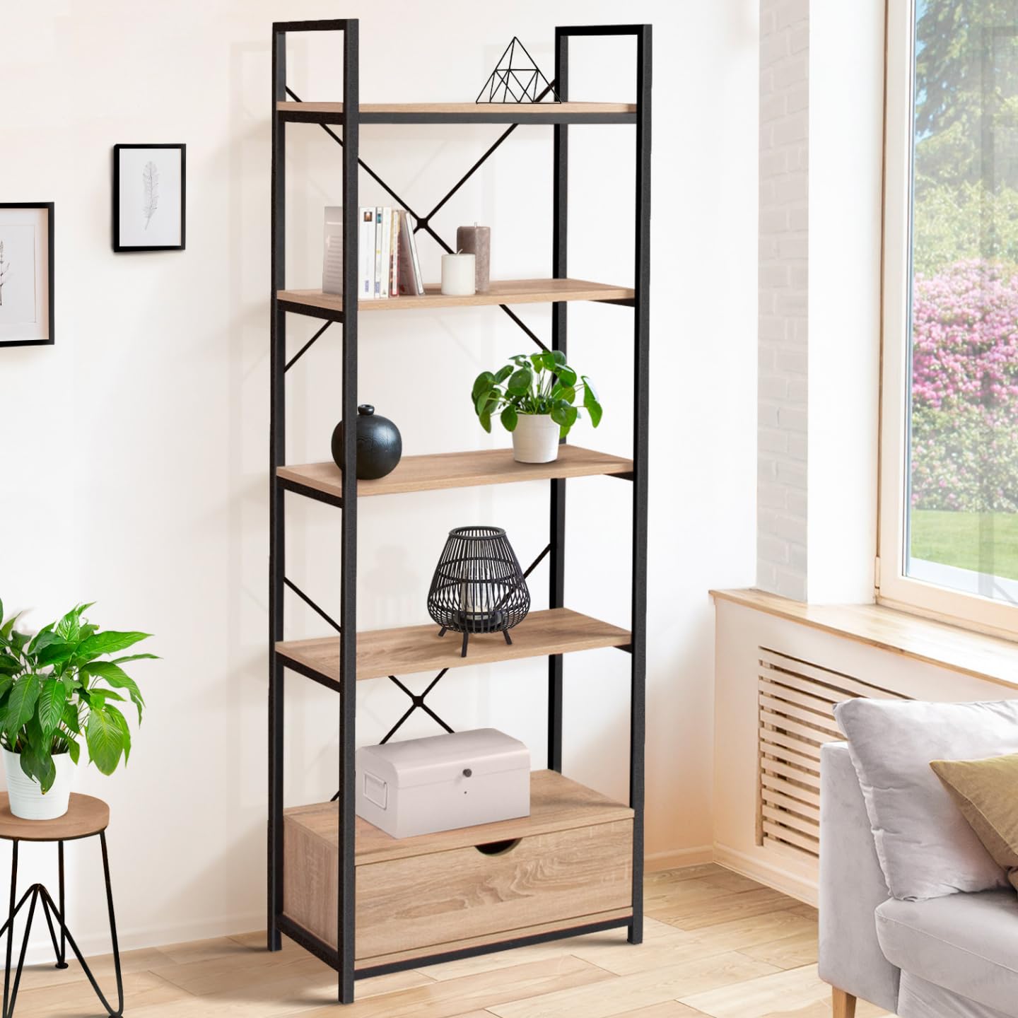 IDMarket - Estantería de 5 niveles con cajón DETROIT diseño industrial