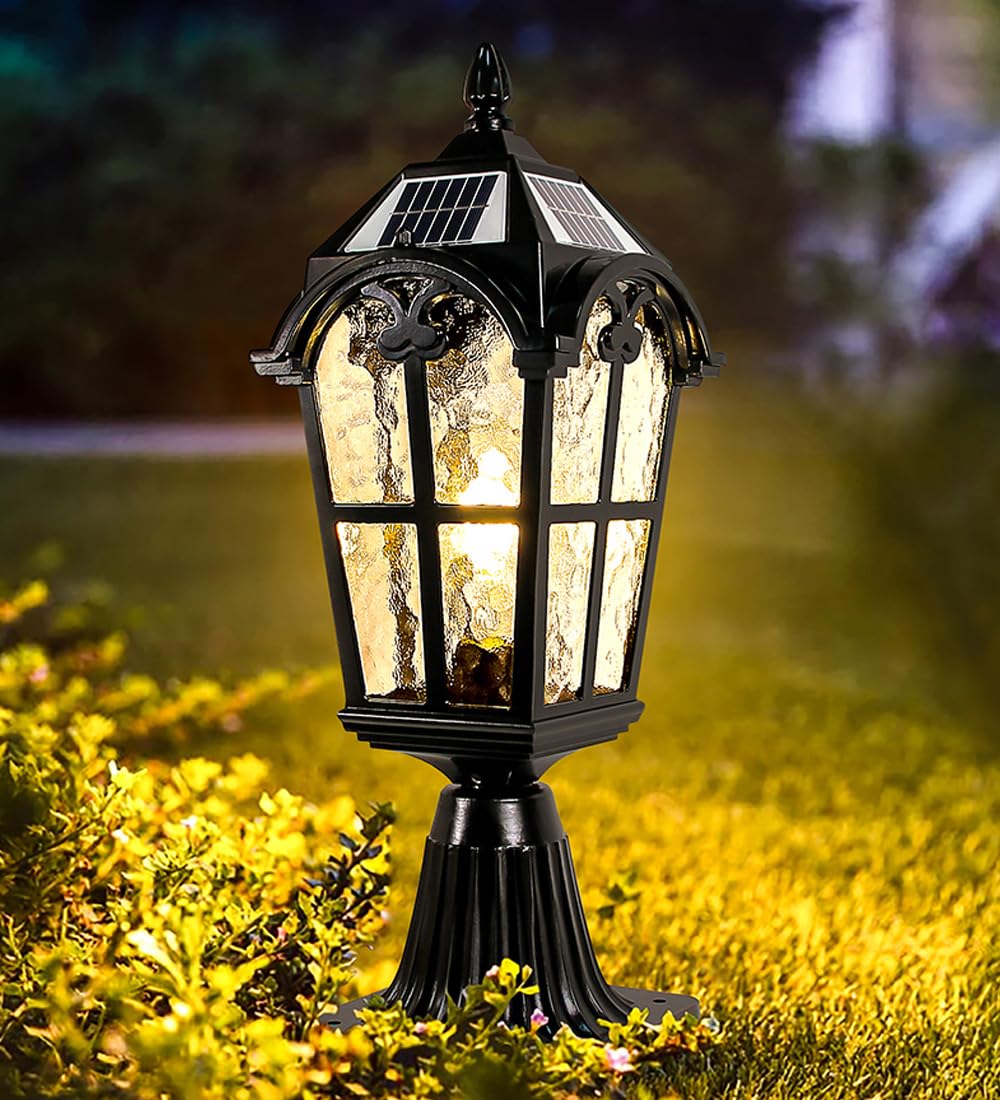 Farola Solar Exterior de Cristal Vintage, farola de Pilar Impermeable IP65 con Carcasa de Aluminio, luz de Columna Solar LED, luz para Tapa de Valla, terraza, Patio, Villa, jardín, Entrada.