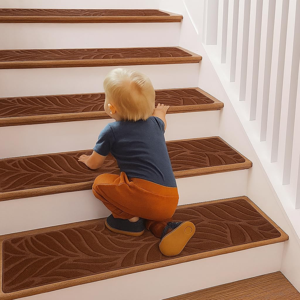 BREEZENEST 15 PCS Self-Adhesive Stair Treads for Carpet Steps - Non-Slip Stair Mats, Fabric Reusable Anti-Slip Stair Pads for Home Pets & Elders (Brown, 65x20cm)