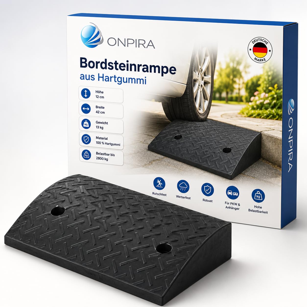 ONPIRA® Bordsteinrampe aus Hartgummi 12 cm Höhe, 42 cm breit | Auffahrrampe bis 2800 kg belastbar, Rutschfest, Für PKW, Anhänger, Motorrad, Rollstuhl & Sackkarre