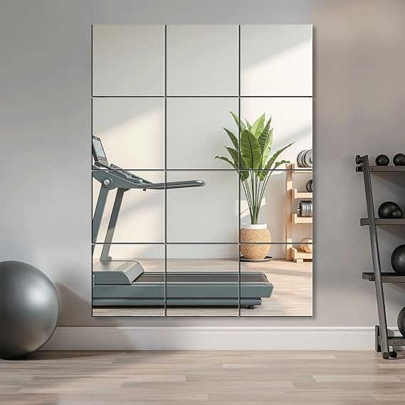 Delma Home Gym Mirrors, 12'' x 12'' Glass Mirror Tiles, 12 PCS | Square Large Wall Mirror, For Home Gym, Bedroom, Door, Bathroom, Frameless Mirror Sets