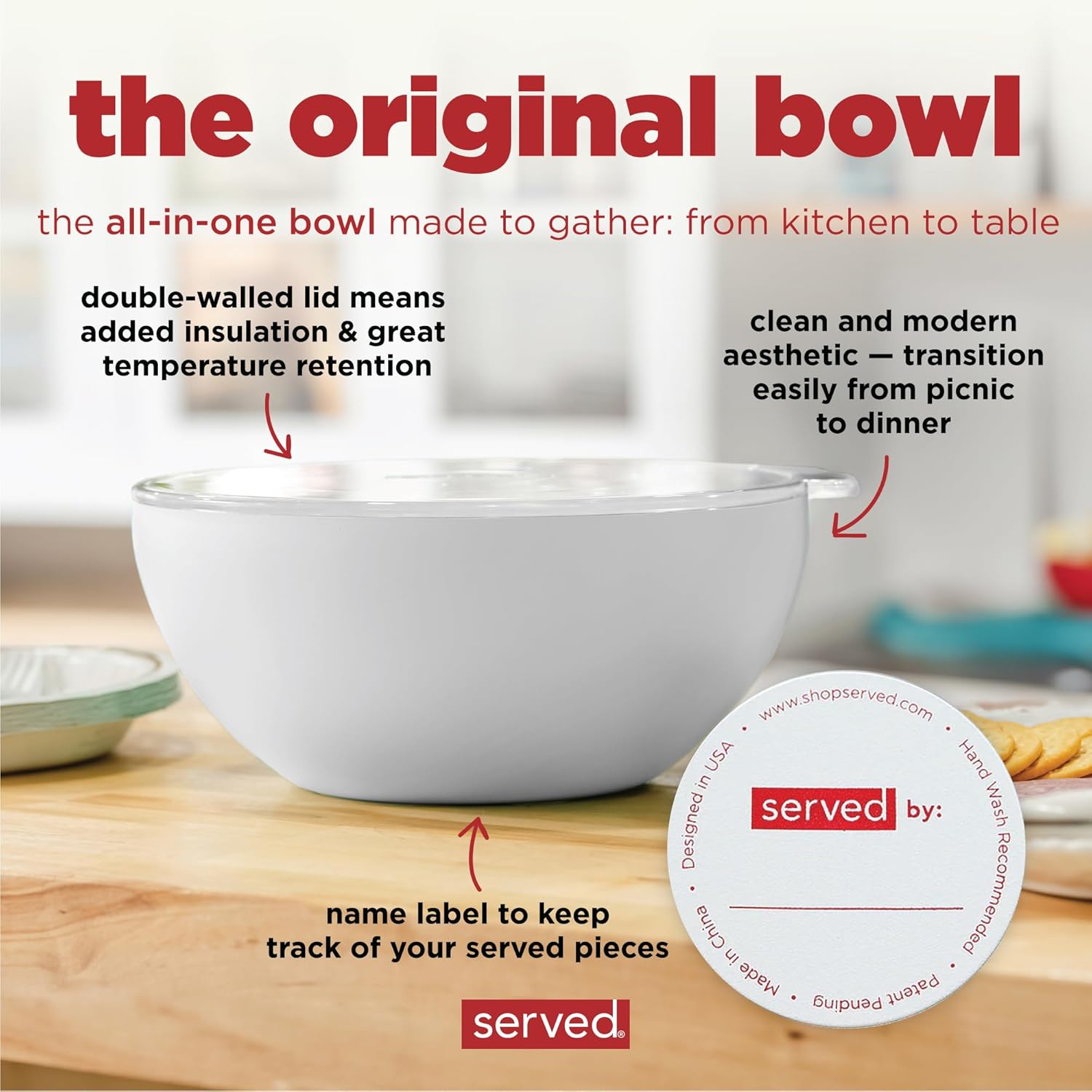 served Large Insulated Serving Bowl with Lid (100oz/3QT) - Double-Walled Stainless Steel Bowl for Hot & Cold Food - Vacuum Insulated, Spill-Resistant Thermal Bowl for Parties, Casseroles, Tailgates