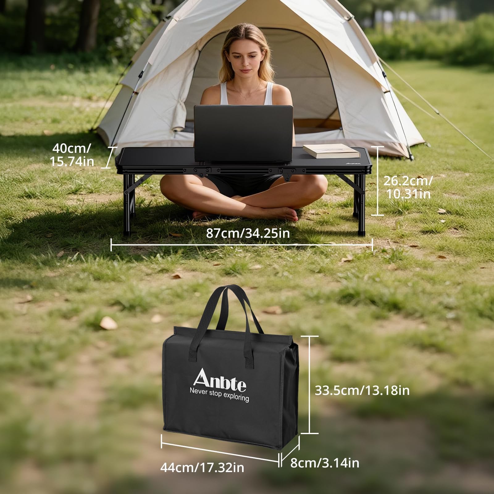 Anbte Tavolo Basso da Campeggio Picnic Spiaggia 87 * 40 * 26.2 Pieghevole Portatile Tavolino da Comodino Multifunzione per Lavoro/Caffè/Truccarsi/Mercatini-Nero
