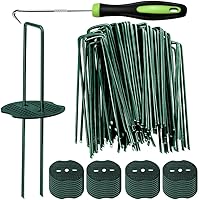 Bakulyor 50-Pack Green 6" 11-Gauge Artificial Turf Stakes + 50 Washers & Pick Hook - Rustproof Landscape Staples for Weed Barrier, Sod & Turf