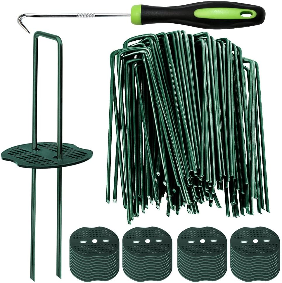 Bakulyor 50pcs Green Artificial Turf Stakes Staples + 50pcs Buffer Washer, 6 Inch 11 Gauge Landscape Staples, Galvanized Lawn Spikes, Heavy Duty Yard Ground Pin for Grass Weed Barrier Sod Fabric