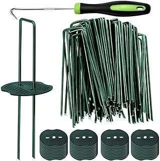 Bakulyor 50 Green Weed Control Membrane Pegs + 50 Buffer Washer, 6\"/150mm Artificial Grass Pegs, Ground Pegs, Metal Garden Pins for Netting Matting Cover Fabric Barrier Landscape Staples Stakes