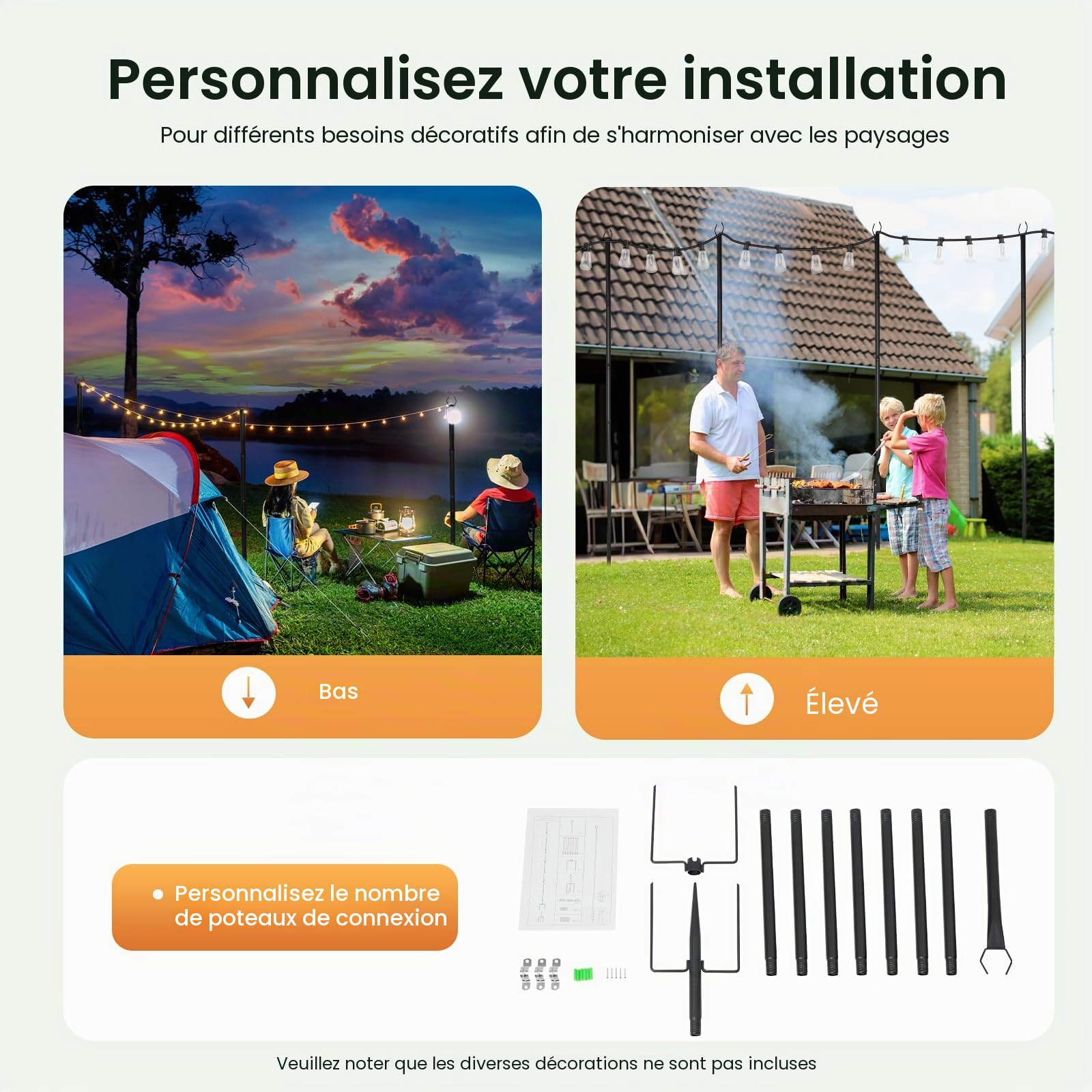 Lot de 4 mâts de guirlande lumineuse de 3 m avec piquet et fourche en forme de U - Barre lumineuse d'extérieur pour jardin, terrasse, balcon - Crochet de berger en fer pour guirlandes