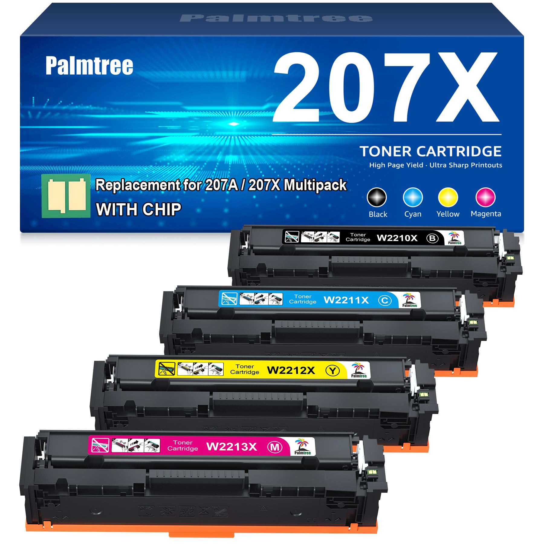 Palmtree 207X With Chip Compatible for HP 207X 207A Toner Cartridges Multipack for HP Color Laserjet Pro MFP M283fdw Toner Cartridges M255dw M255nw M283fdn M283cdw 207X Black Cyan Yellow Magenta