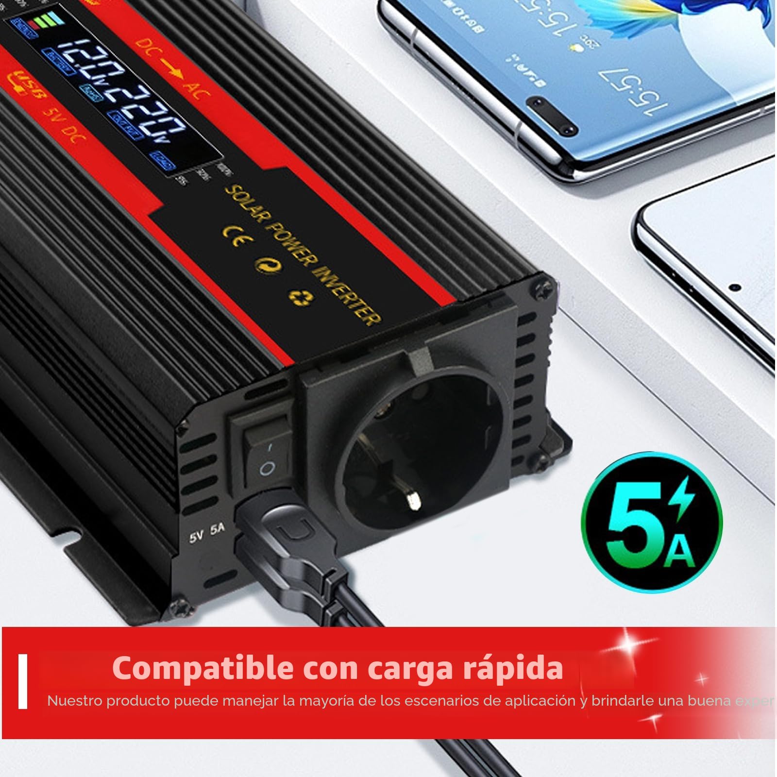 Inversor de voltaje CC 12 V/24 V a CA 230 V, inversor de onda sinusoidal modificada, 2000 W con enchufes europeos, 2 USB y pantalla LCD, adaptador de corriente para coche, camión, caravana, camping