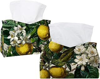 Paquete de 2 fundas de cuero para caja de pañuelos, hojas de flores y limones, amarillo y verde Whi (1) soporte decorativo para caja de pañuelos para baño, decoración de oficina en casa