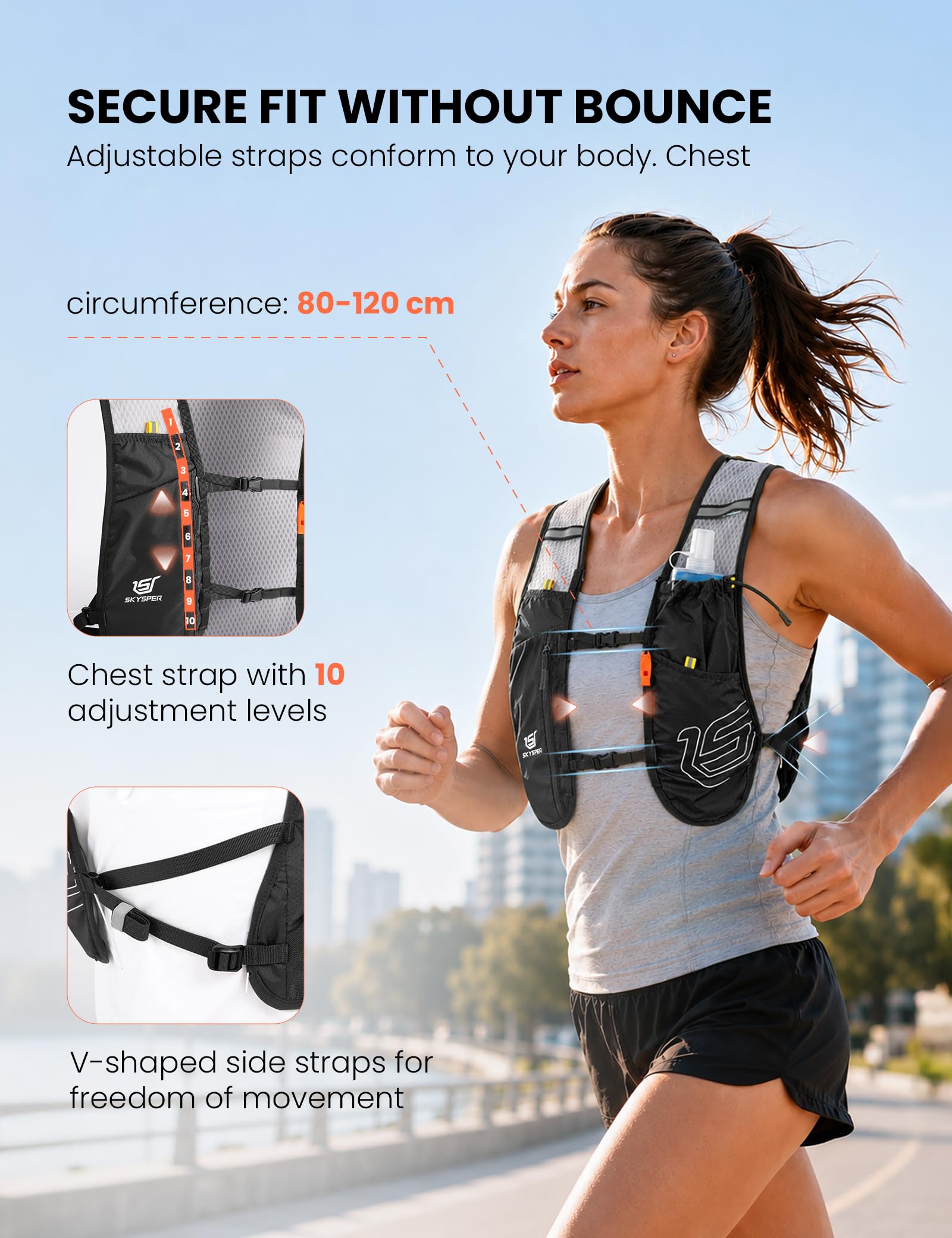 SKYSPER Chaleco de Hidratación Running 5L | Chaleco Ligero con Botella 500ML y Diseño Reflectante para Trail Maratón y Senderismo