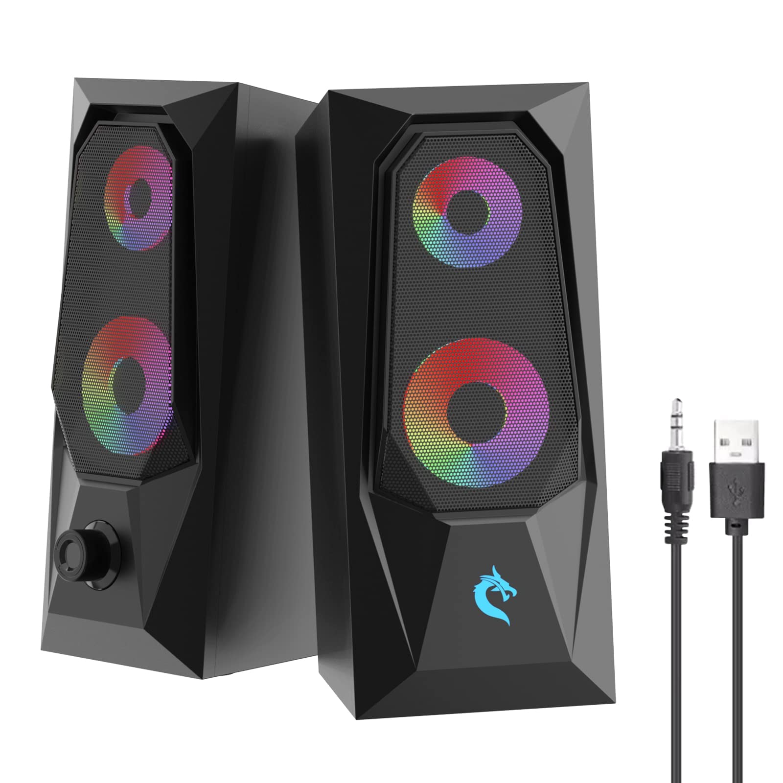 PC Speakers, 2.0 Stereo Control Speakers, RGB Lighting Effect PC Speakers, Multimedia Desktop Speakers, Auxiliary Wired Stereo Speakers with Strong Bass for PC