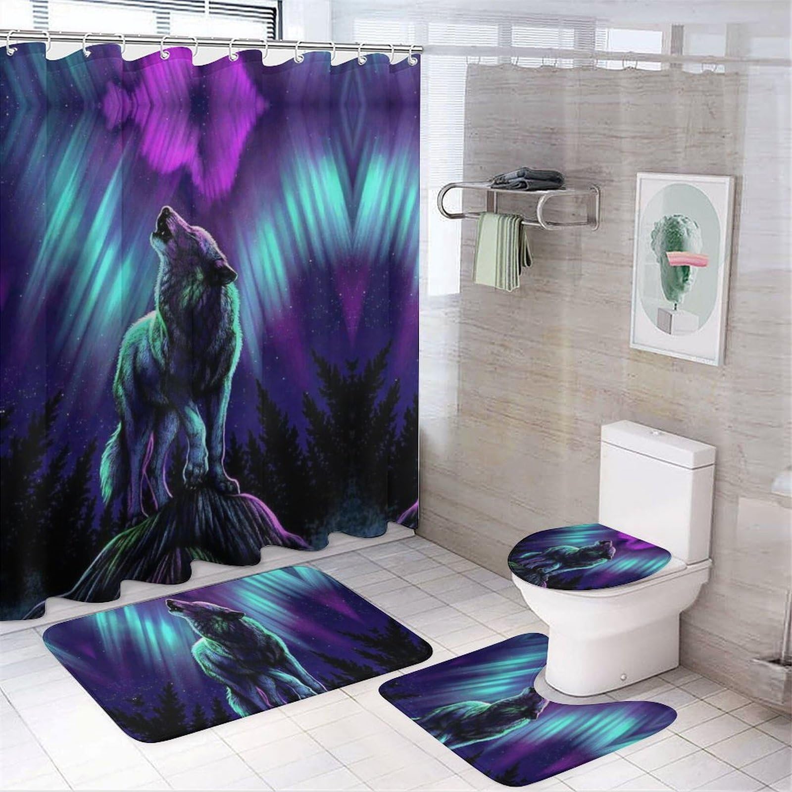 JZemdybill Bathroom Mat Set 4 Piece, Wolves Howl in The Northern Lights Shower Curtain with Non-Slip Bath Mats for Bathroom